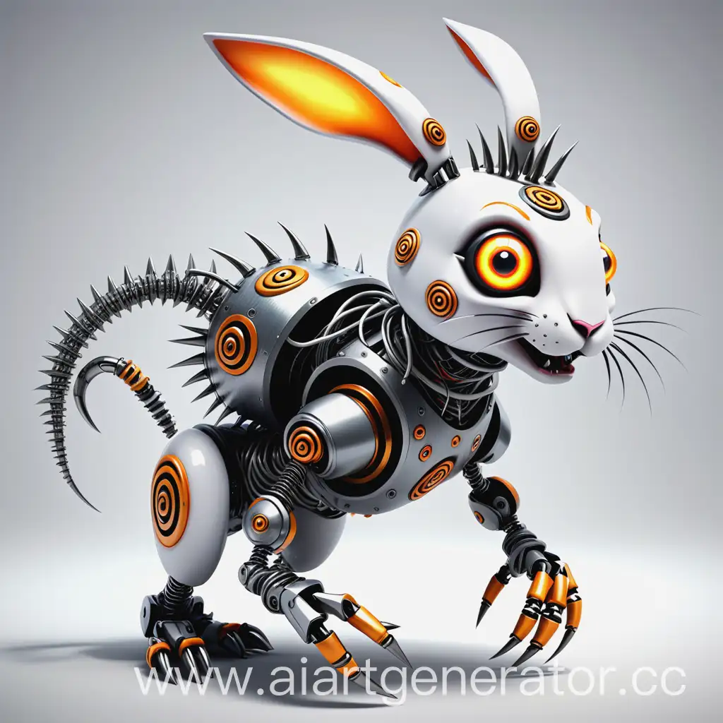 "Create a character named Mozmo, who is an eccentric and brutal mascot combining cute animal traits with aggressive robotic features. He has spiral hypnotic eyes that glow and change colors. His body is robotic with rough metallic plates and visible wires, giving him a fierce appearance. Mozmo has large, flexible ears like a rabbit's but with metal inserts, and four powerful legs that combine animalistic elements with mechanical claws. His long tail ends in a flexible metal spiral tip. Add brutal details such as spikes or armor to enhance his bold and eccentric look."