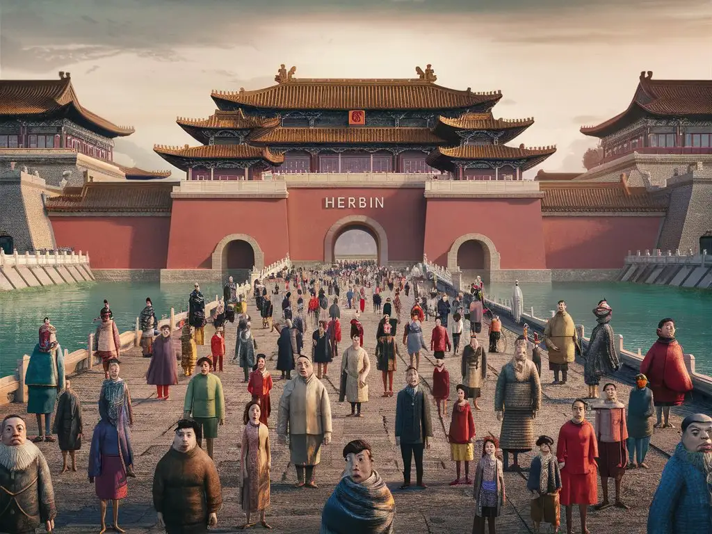 A An ancient Chinese city surrounded by a moat, with the word “Herbin” written in the center of the gate, with people standing in perspective.