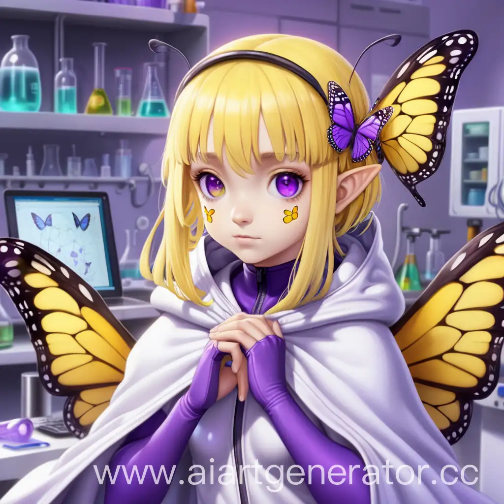 Невинная девушка, жёлтые волосы, фиолетовые глаза, четыре руки, крылья бабочки, усики бабочки на голове, фиолетовая водолаза, белый плащ,на фоне лаборатории ученого. 