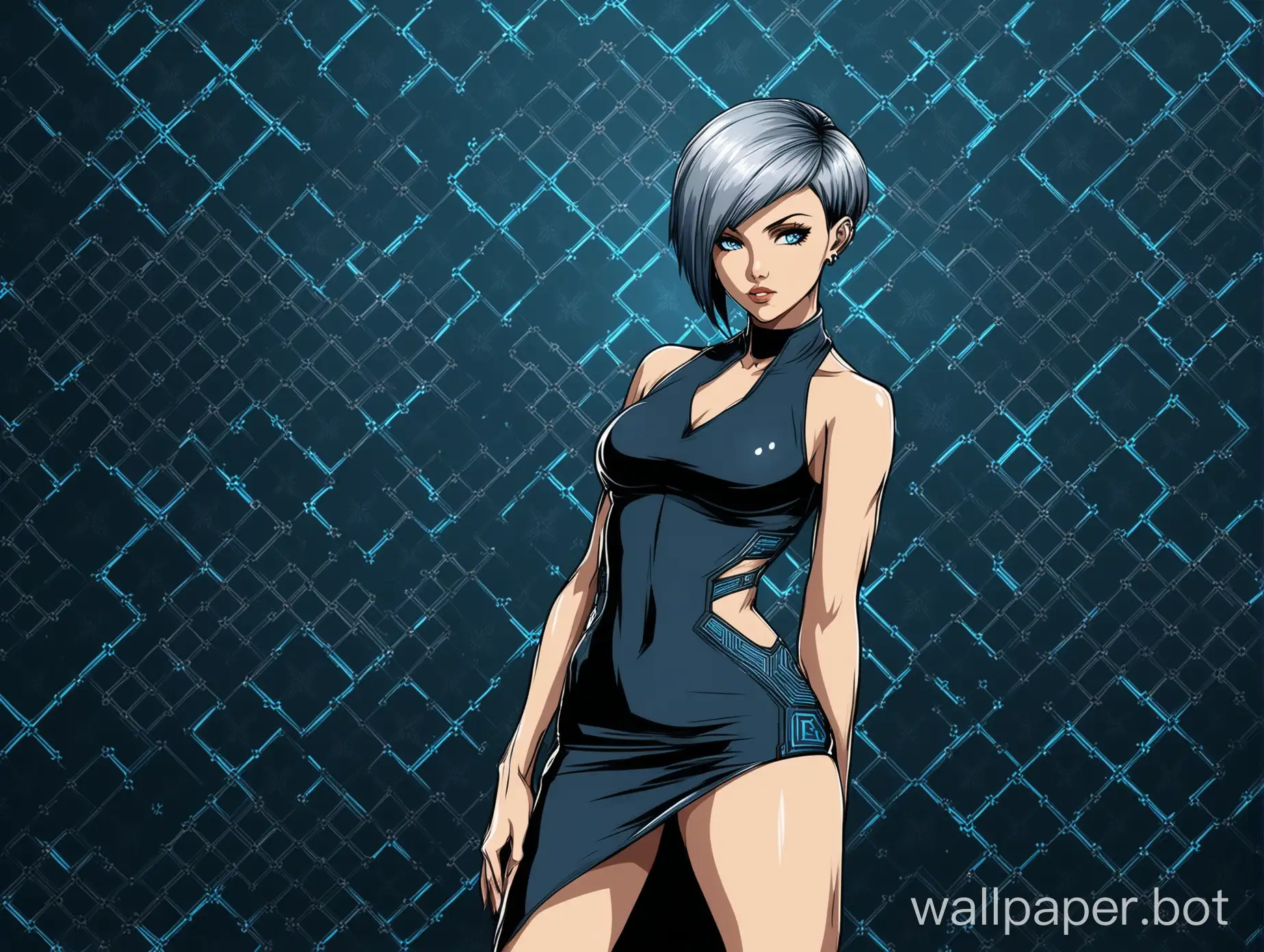 Design a captivating wallpaper featuring a sultry anime female character with a short blue hairstyle similar to Ruby Rose's character in 'XXX Return of Xander Cage'.Her blue short hairstyle should be vibrant and electric
The character should exude confidence and charisma, with a seductive yet edgy look that reflects her personality. Her silver short hairstyle should be sleek and modern, adding to her bold and dynamic appearance. Dress her in a fitted  crop top that accentuates her curvy physique, paired with a sleek bodycon skirt that hugs her figure. Enhance her sexiness with subtle yet alluring poses and expressions. Incorporate elements of Arch Linux, such as the logo or color scheme, into the background or accessories to give the wallpaper a tech-inspired edge. The background should be monochromatic, clean, and mineralistic, with subtle textures to add depth and interest while maintaining a minimalist aesthetic
