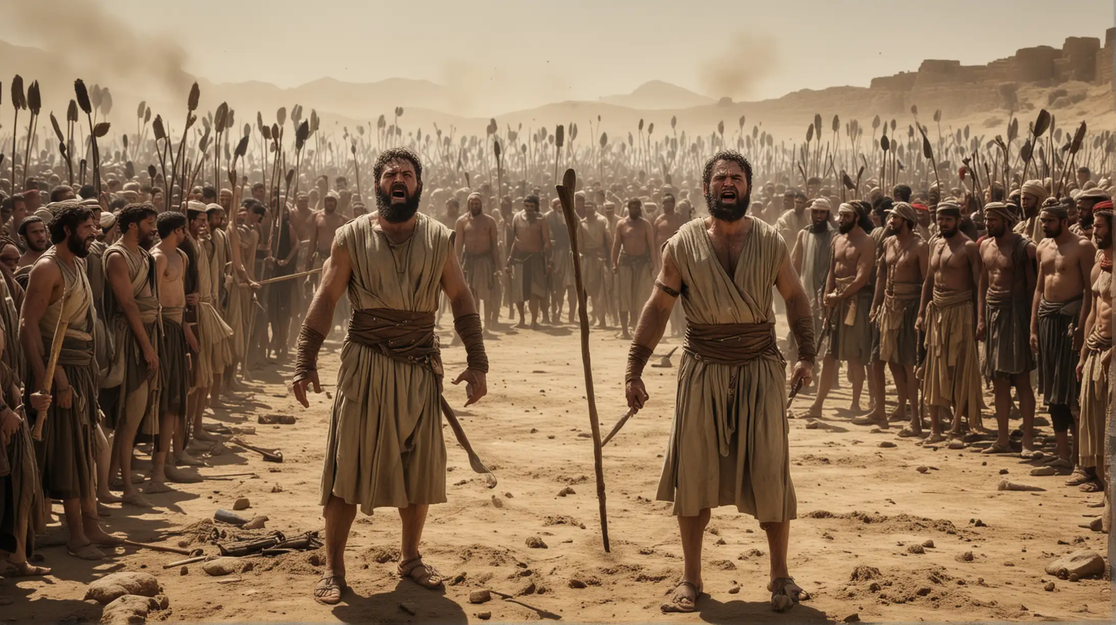 Epic Battle Scene Defiant Warrior Faces Angry Mob in Ancient Middle Eastern Setting