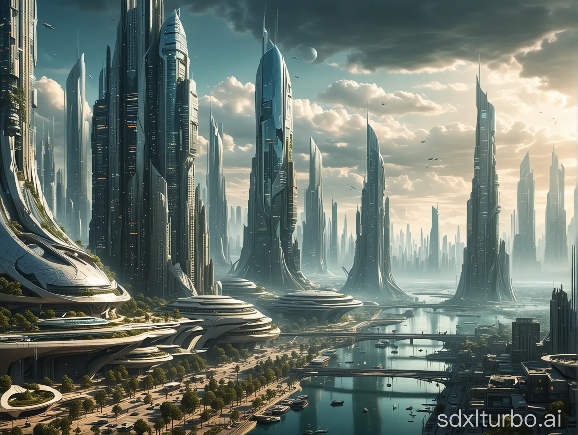 The year 2130. Depicting utopian futuristic city. At second glance the shortcomings are visible.