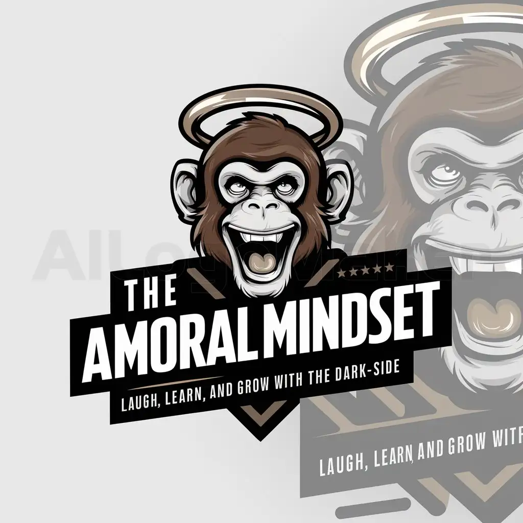 a logo design,with the text "The Amoral Mindset", main symbol:monkey with a ring around himnLaugh, Learn, and Grow with the Dark-side,complex,be used in Education industry,clear background