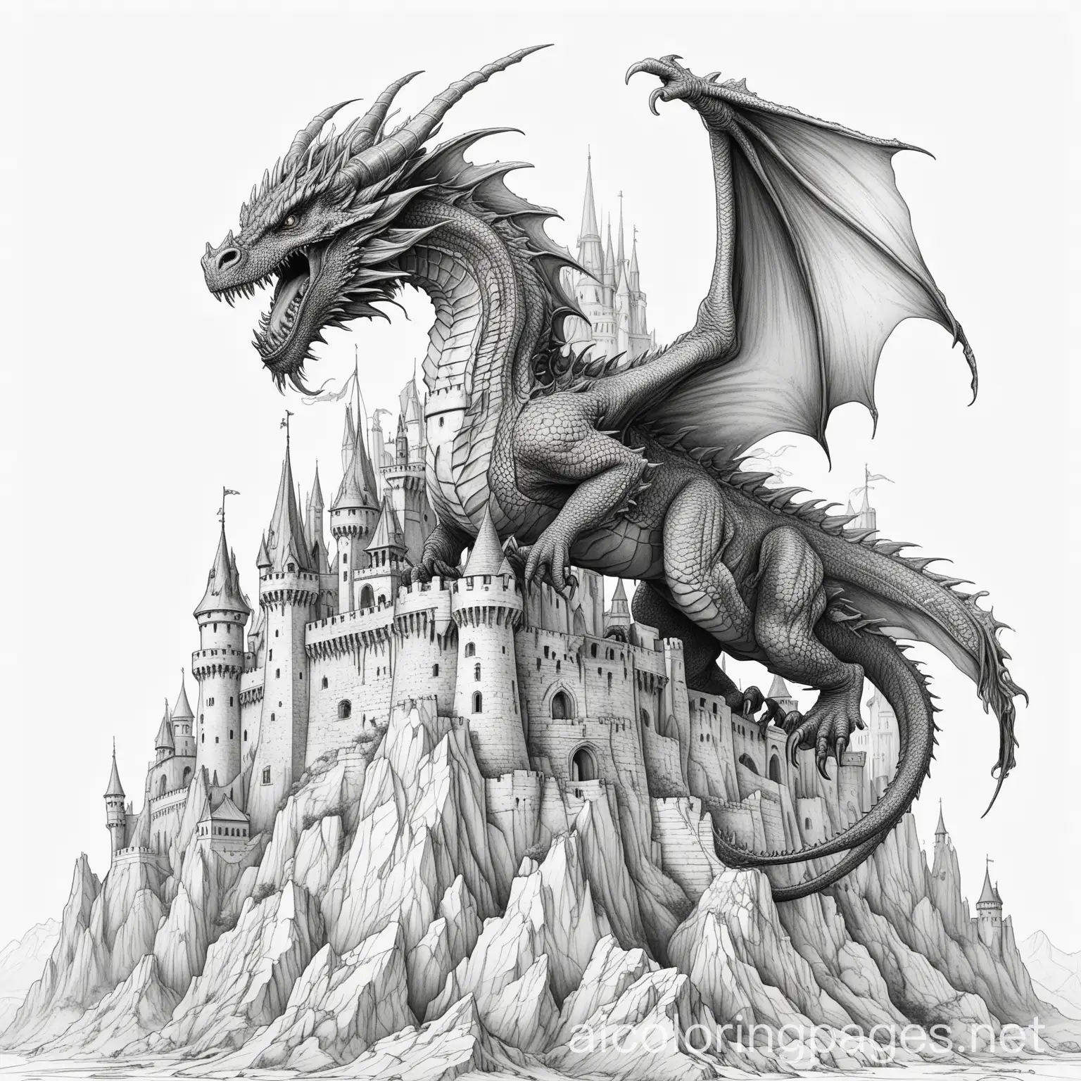A fierce dragon with a castle., Coloring Page, black and white, line art, white background, Simplicity, Ample White Space. The background of the coloring page is plain white to make it easy for young children to color within the lines. The outlines of all the subjects are easy to distinguish, making it simple for kids to color without too much difficulty