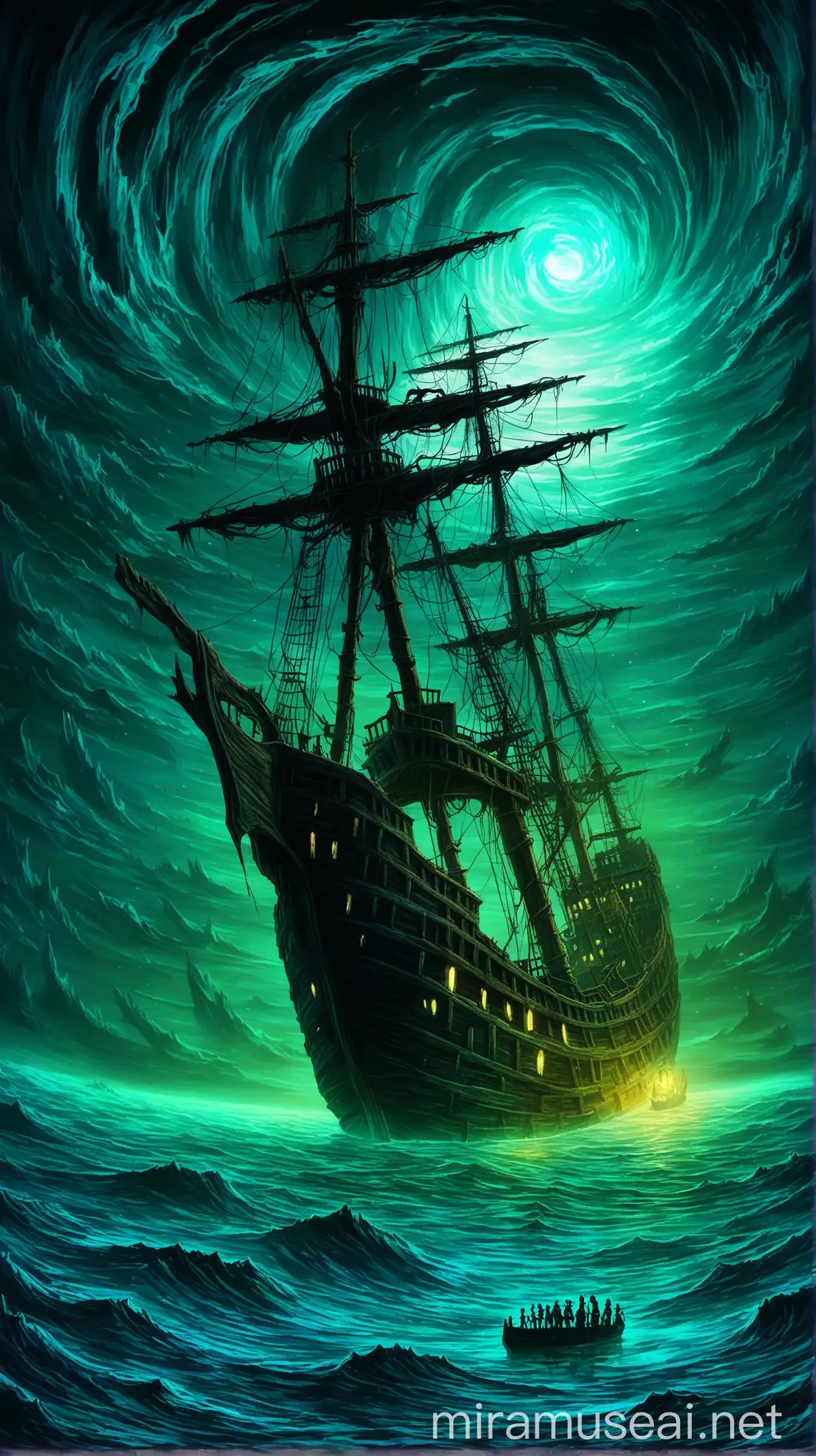 ghost ship forever stranded amongst spectral waters. The shipwreck looms under an otherworldly glow, embodying the essence of spooky maritime legends.. anime style wallpaper