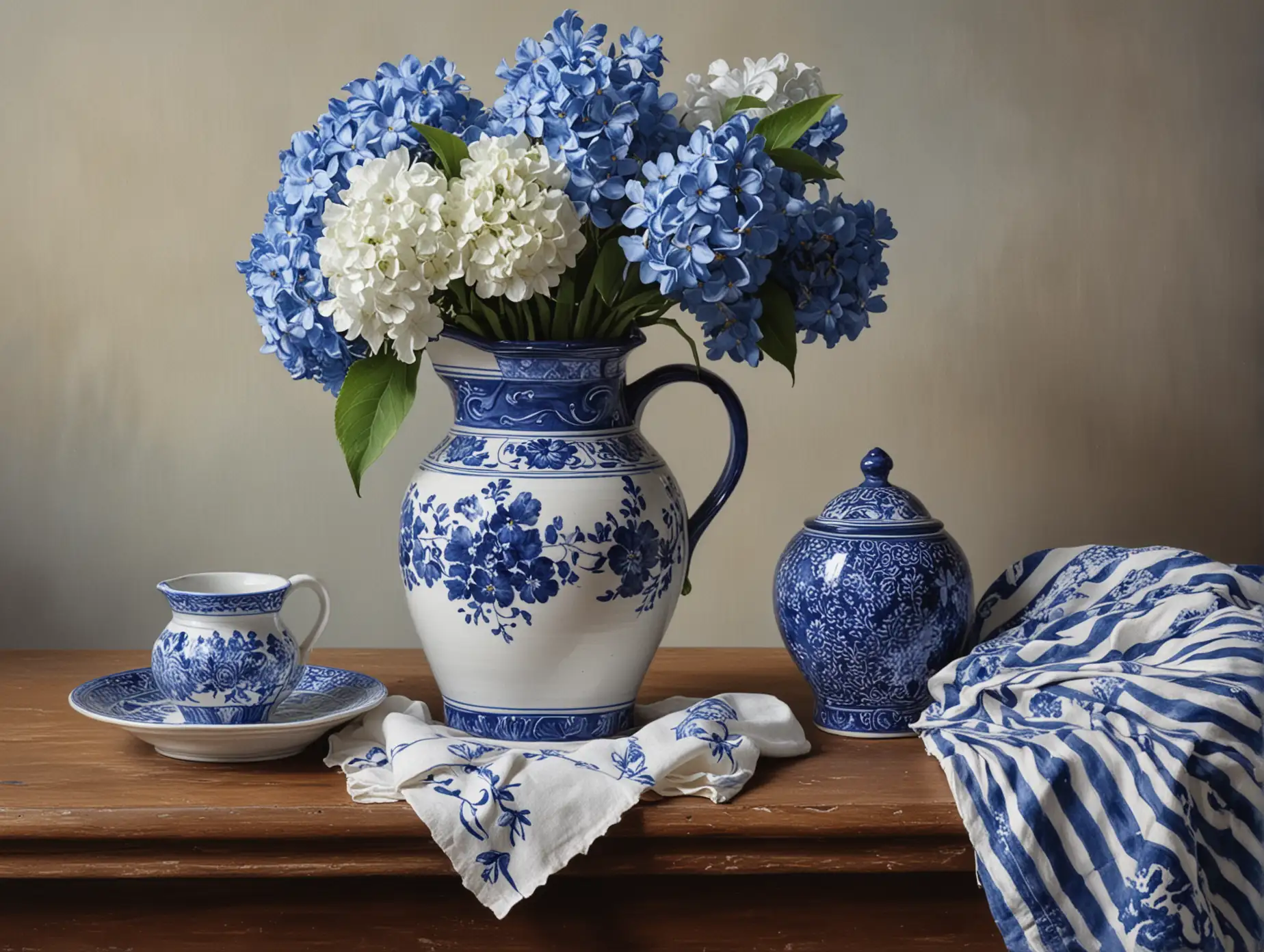 A STILL LIFE PAINTING OF A BLUE AND WHITE PITCHER WITH BLUE HYDRANGES AND A NOTHER SMALL BLUE AND WHITE PIECE OF POTTERY ON THE TANLE.  SHOW A CLOTH ON THE TABLE