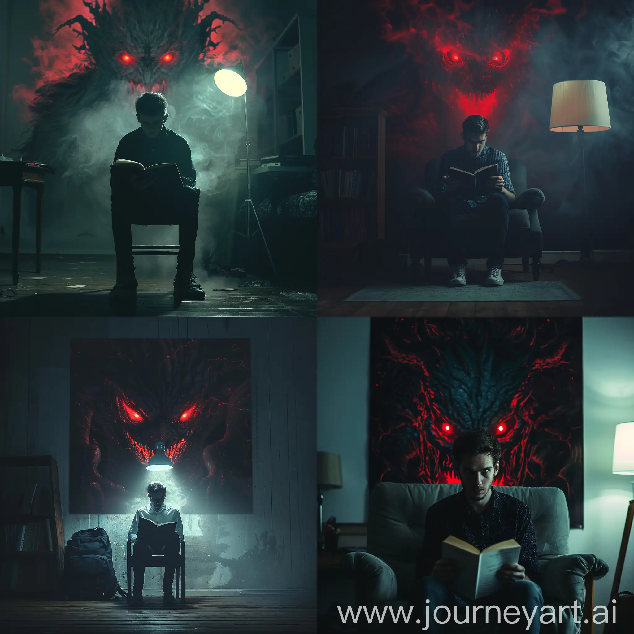 мужчина студент сидит на стуле в темном помещении с книжкой в руках, задний фон страшное чудище с красными глазами, реалистично, белая лампа, HDR, 8к, профессиональное освещение,, острый фокус, пустая комната