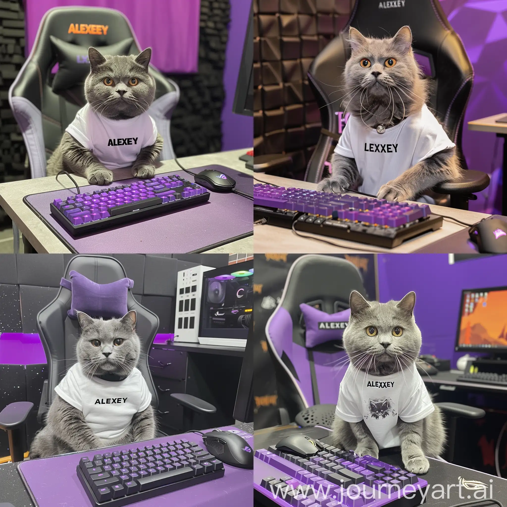 A gray cat of the British breed sits on a computer chair at a table on which there is a purple keyboard and a black gaming mouse, behind the cat there is a black and purple wall, the cat is dressed in a white T-shirt with text"ALEXEY" written in the center of t-shirt