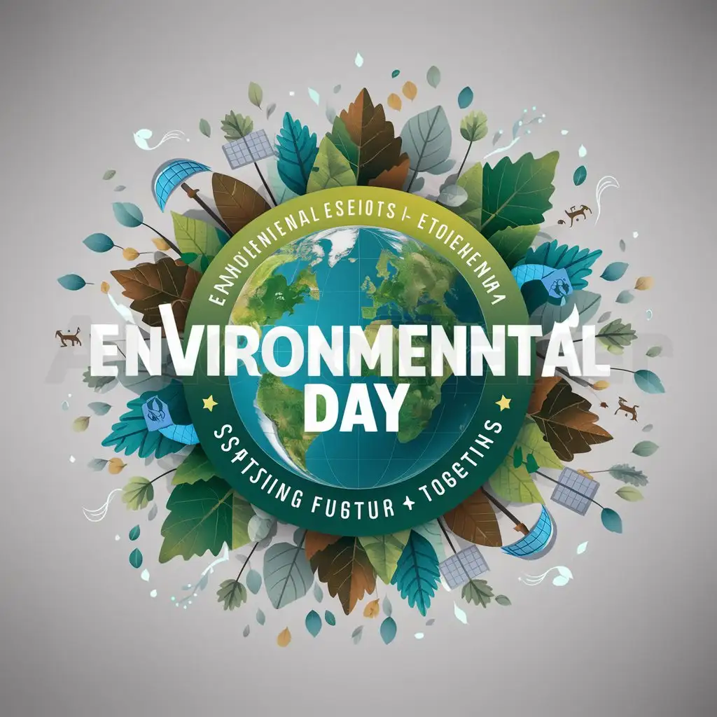 a logo design,with the text "environmental day", main symbol:Concept: A globe encircled by elements of nature, with leaves, trees, and water droplets to represent the Earth's ecosystems and the importance of preserving them.nColor Scheme: Earthy tones such as green for foliage, blue for water, and brown for soil, with touches of white for purity and clarity.nTypography: Use clean and modern fonts to convey a sense of professionalism and urgency.nGraphic Elements: Incorporate icons or symbols representing sustainability, such as recycling arrows, renewable energy sources like solar panels or wind turbines, and images of wildlife or endangered species to emphasize the interconnectedness of all living things.nSlogan or Tagline: Include a brief and impactful slogan or tagline that encapsulates the theme of Environmental Day, such as 'Protect Our Planet' or 'Sustainable Future, Together'.,Moderate,clear background