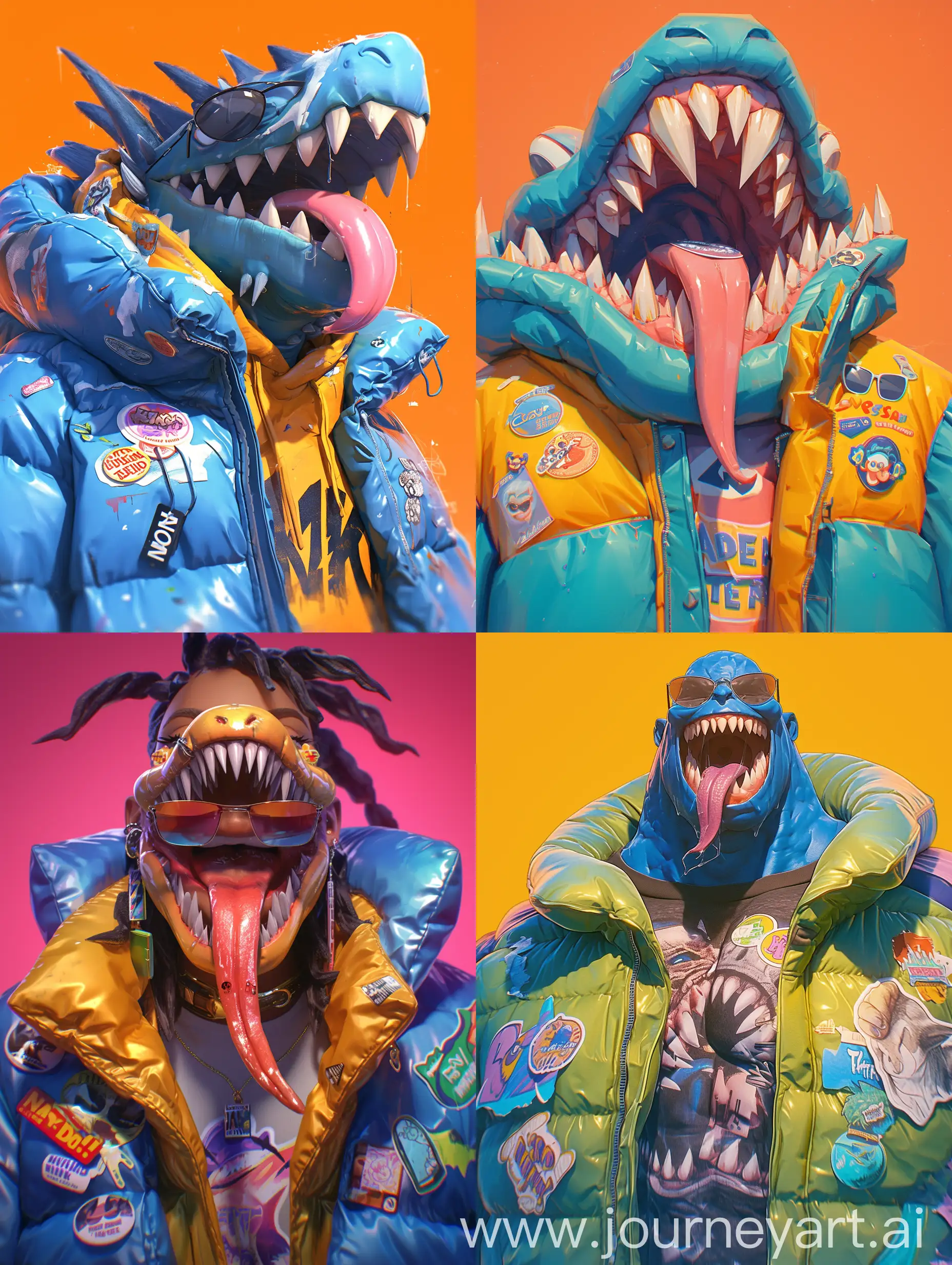 nft smiling crzy monster character wearing oversize puffy jacket with stickers, close up portrait, 3D rendering, bold vibrant colors, solid background, shows long plastic tongue, sunglasses, inflatable scarf --niji 6 --ar 3:4 --s 750