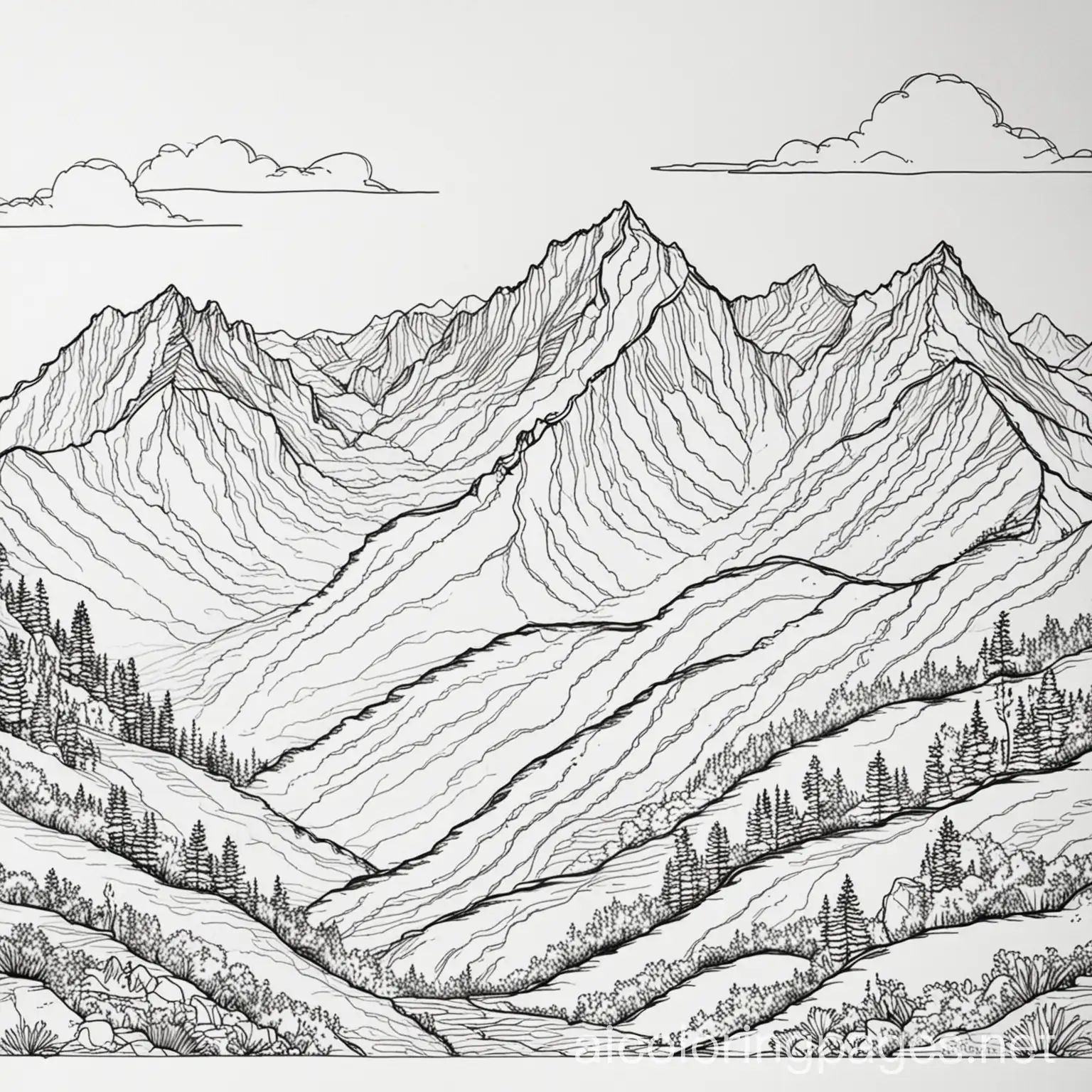 mountains, Coloring Page, black and white, line art, white background, Simplicity, Ample White Space. The background of the coloring page is plain white to make it easy for young children to color within the lines. The outlines of all the subjects are easy to distinguish, making it simple for kids to color without too much difficulty