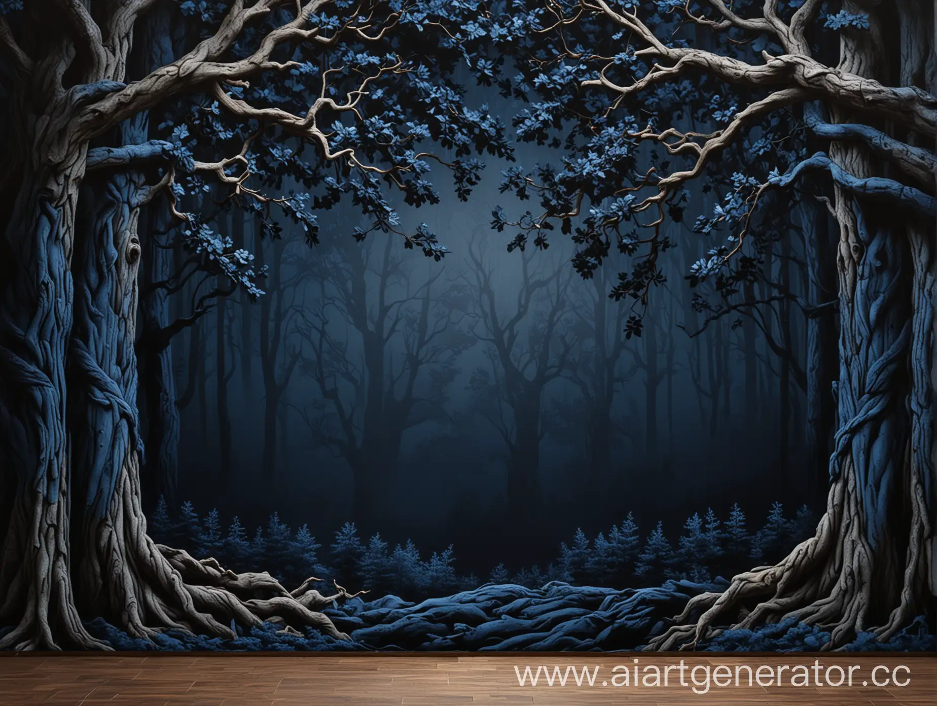 фон, лес в темно синих оттенках, большой дуб с дуплом по центру фона