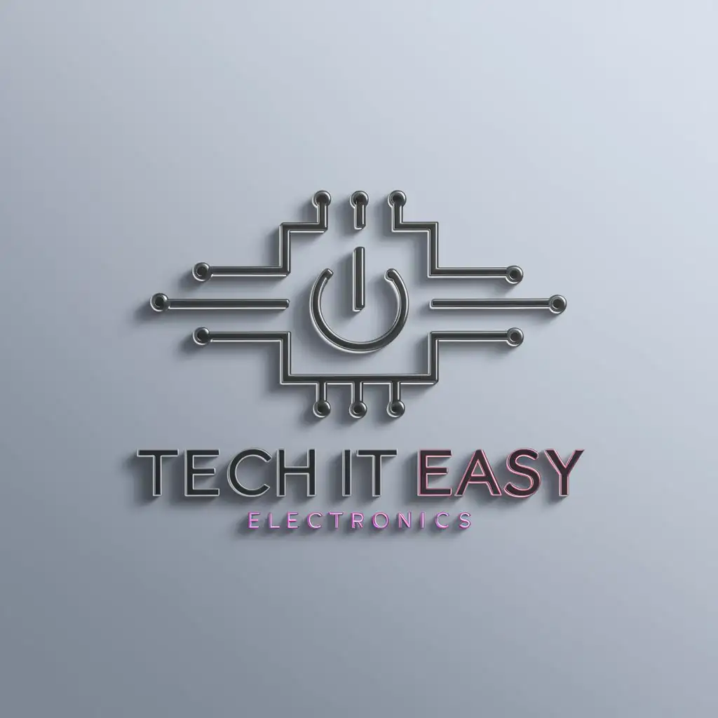 a logo design,with the text "Tech It Easy Electronics", main symbol:A sleek, modern design of a circuit board, with a small power button symbol. The color scheme is metallic and neon. Plain solid background, no shadows,Moderate,be used in Retail industry,clear background