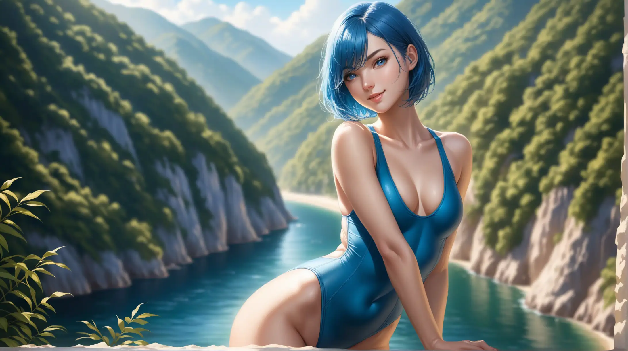 Draw a woman, short blue hair covering one eye, blue eyes, slender figure, high quality, realistic, accurate, detailed, long shot, natural lighting, outdoors, one-piece swimsuit, seductive pose, smiling at the viewer