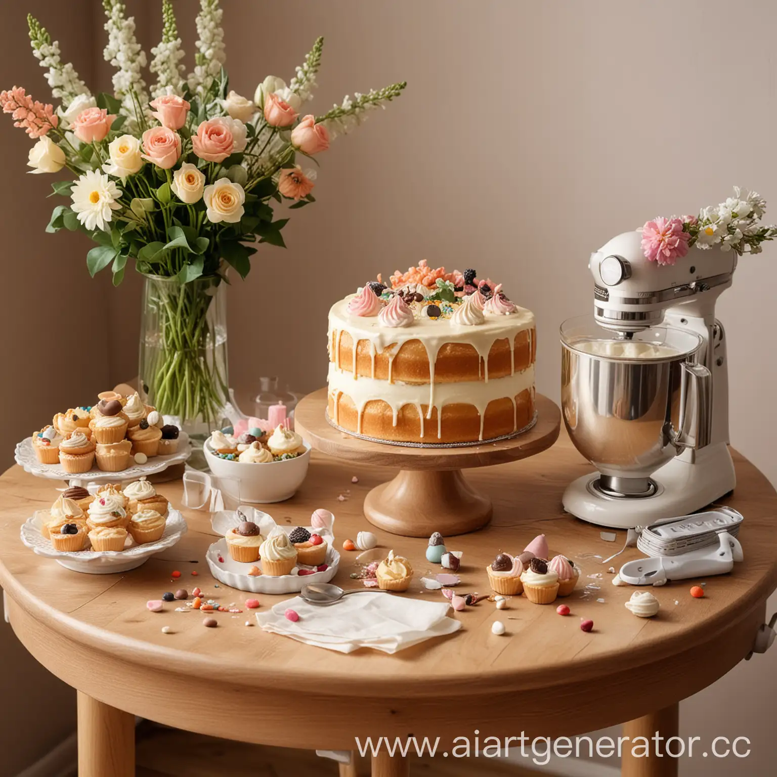 Vibrant-Confectionery-Table-with-Cake-Flowers-and-Decorations