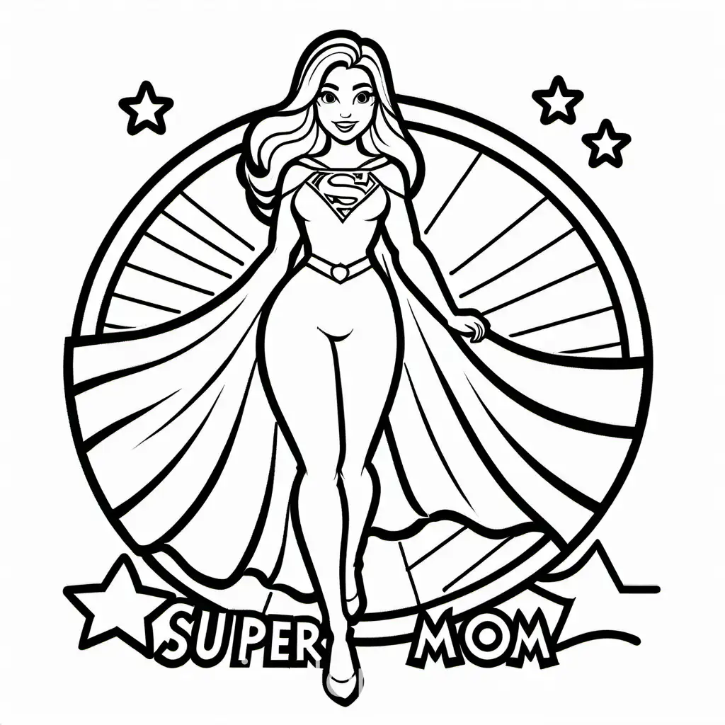 Super mom, Coloring Page, black and white, line art, white background, Simplicity, Ample White Space. The background of the coloring page is plain white to make it easy for young children to color within the lines. The outlines of all the subjects are easy to distinguish, making it simple for kids to color without too much difficulty