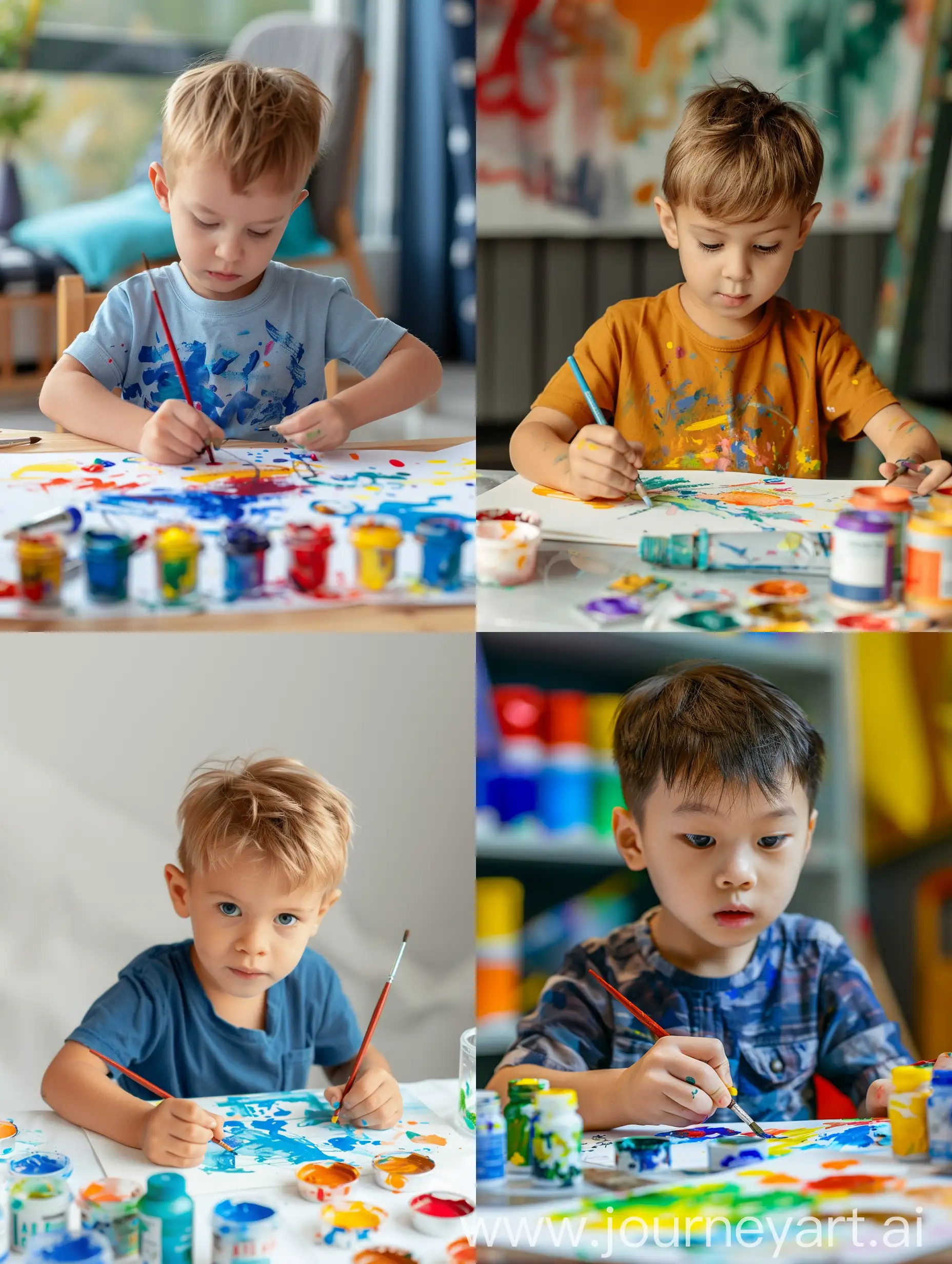 маленький мальчик 5-8 лет рисует красками на бумаге