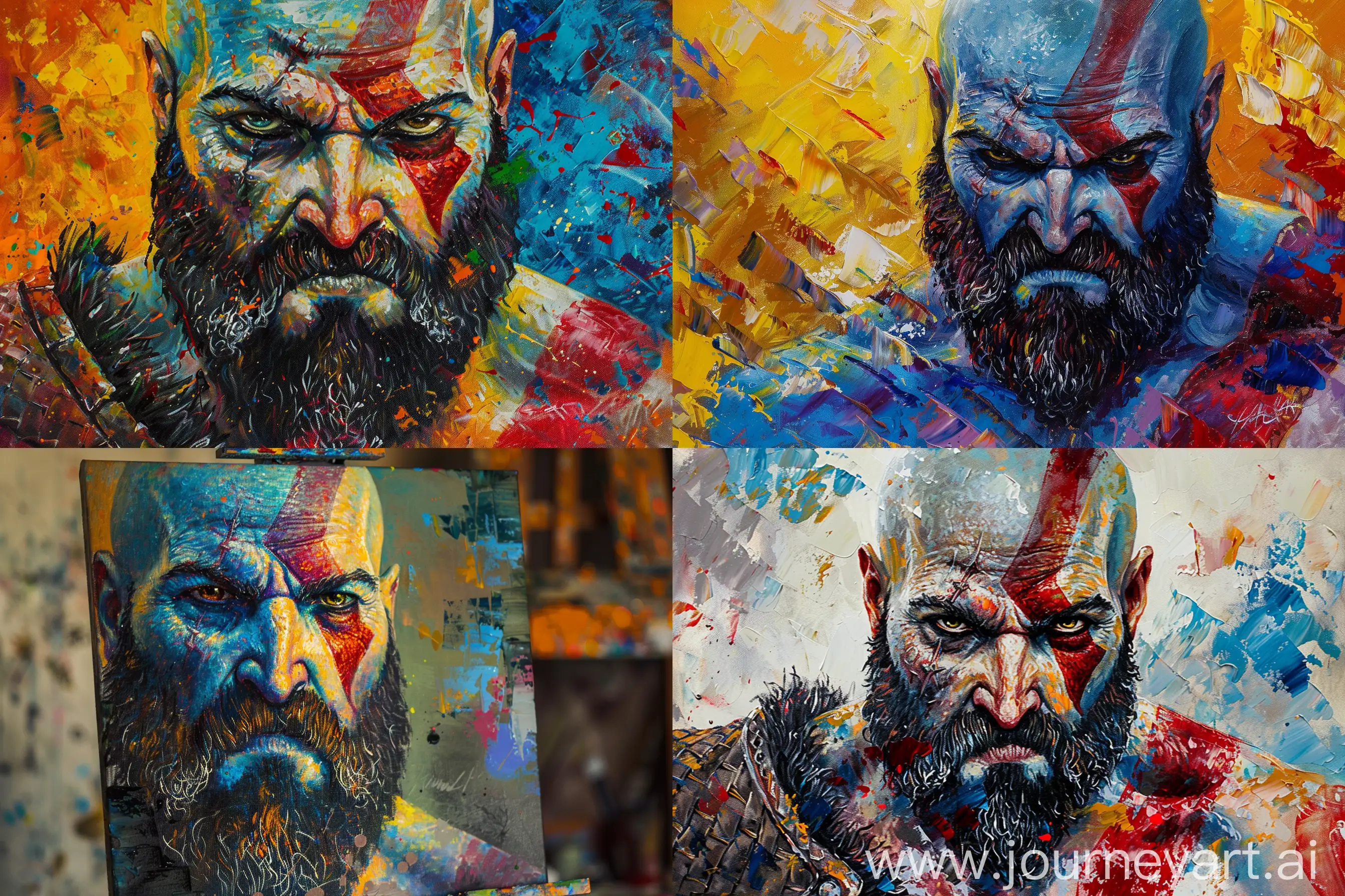 Oil painting of kratos of god of war with bright colours in van gogh style --ar 6:4
