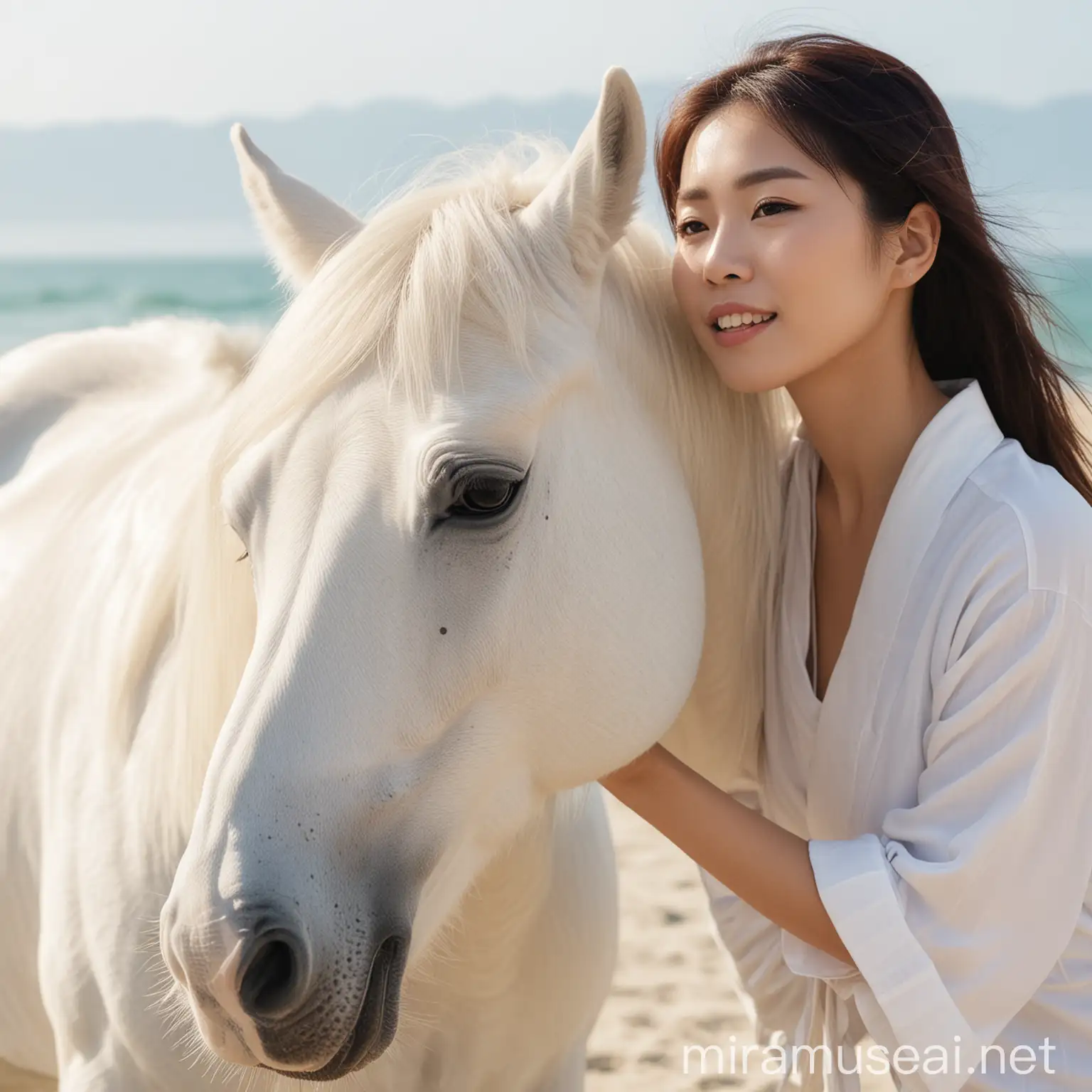Seorang jepang berwajah cantik, berpose dengan seekor kuda putih di pinggir pantai sambil mengelus wajah kudanya. 