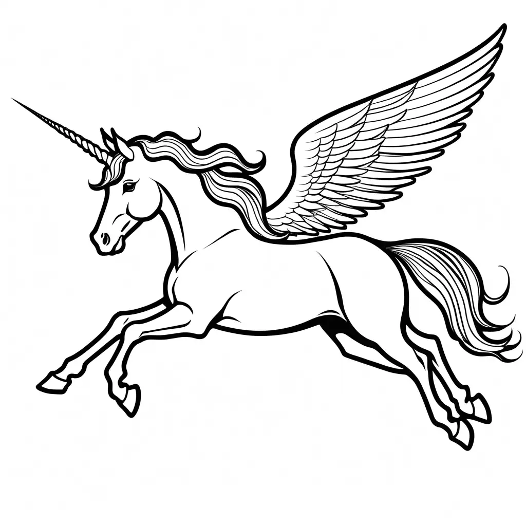 unicorn flying in the sky, Coloring Page, black and white, line art, white background, Simplicity, Ample White Space. The background of the coloring page is plain white to make it easy for young children to color within the lines. The outlines of all the subjects are easy to distinguish, making it simple for kids to color without too much difficulty