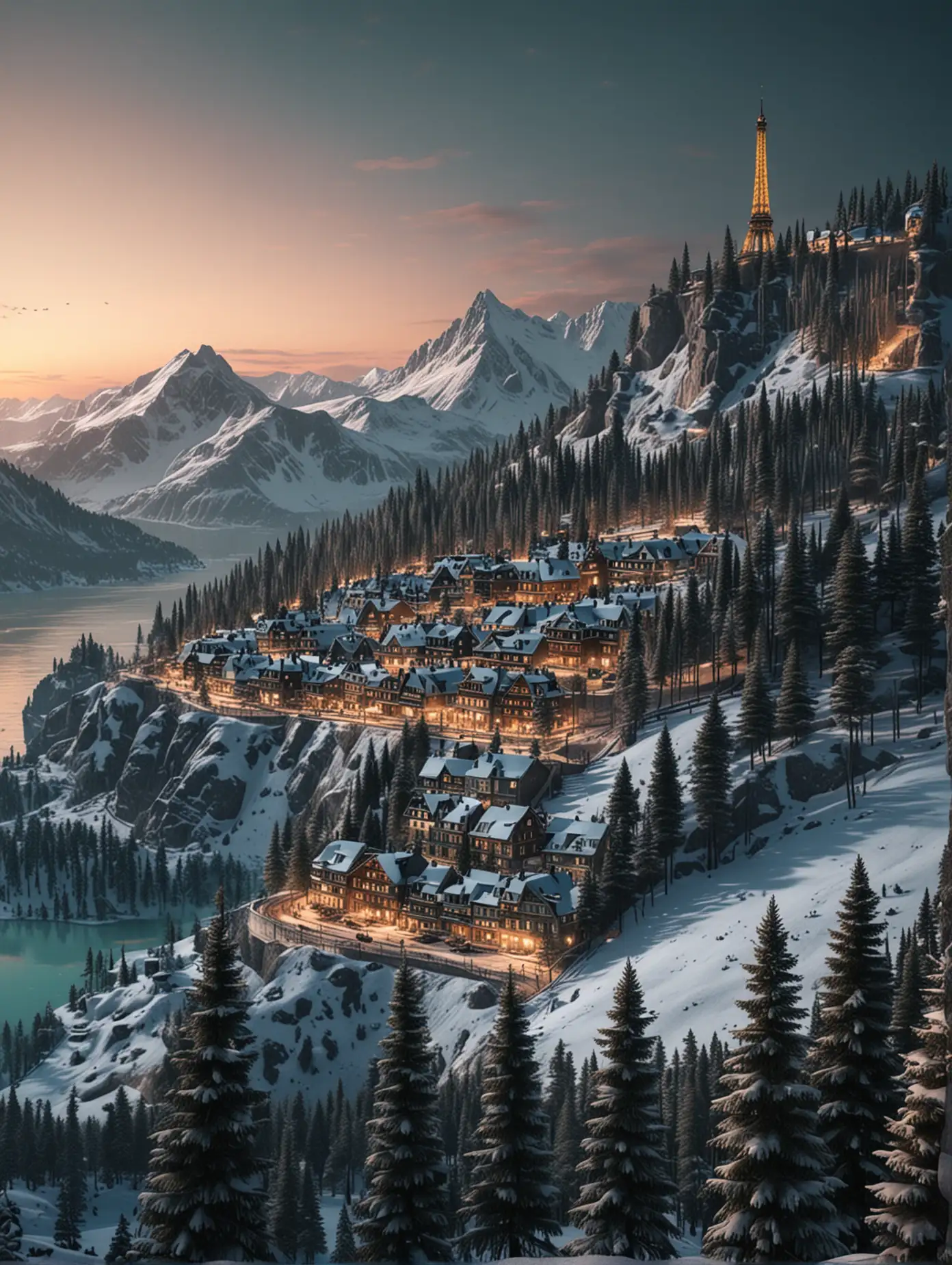 Create a part of a snow mountain with tall green pine trees, lighted houses from top to bottom of mountain, Eiffel Tower in distance, cyan lake at the bottom, sunset, very dark shades, photo realistic, HD quality