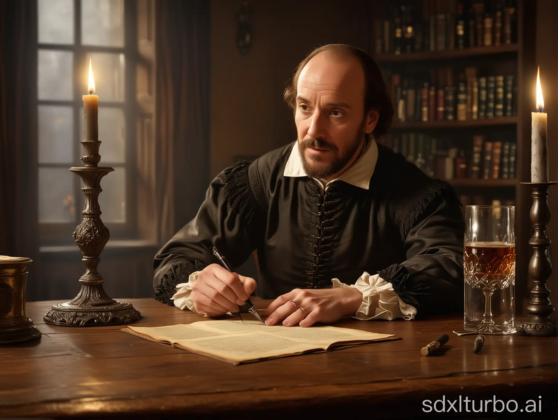 Great play writer William Shakespear is sitting at his oak desk with one large pint glass of British ale beer at his vintage while writing out a new Theatrical play with a vintage feathered fountain pen by the light of a candle.  This is to be a very Photo realistic high resolution HD rendering.