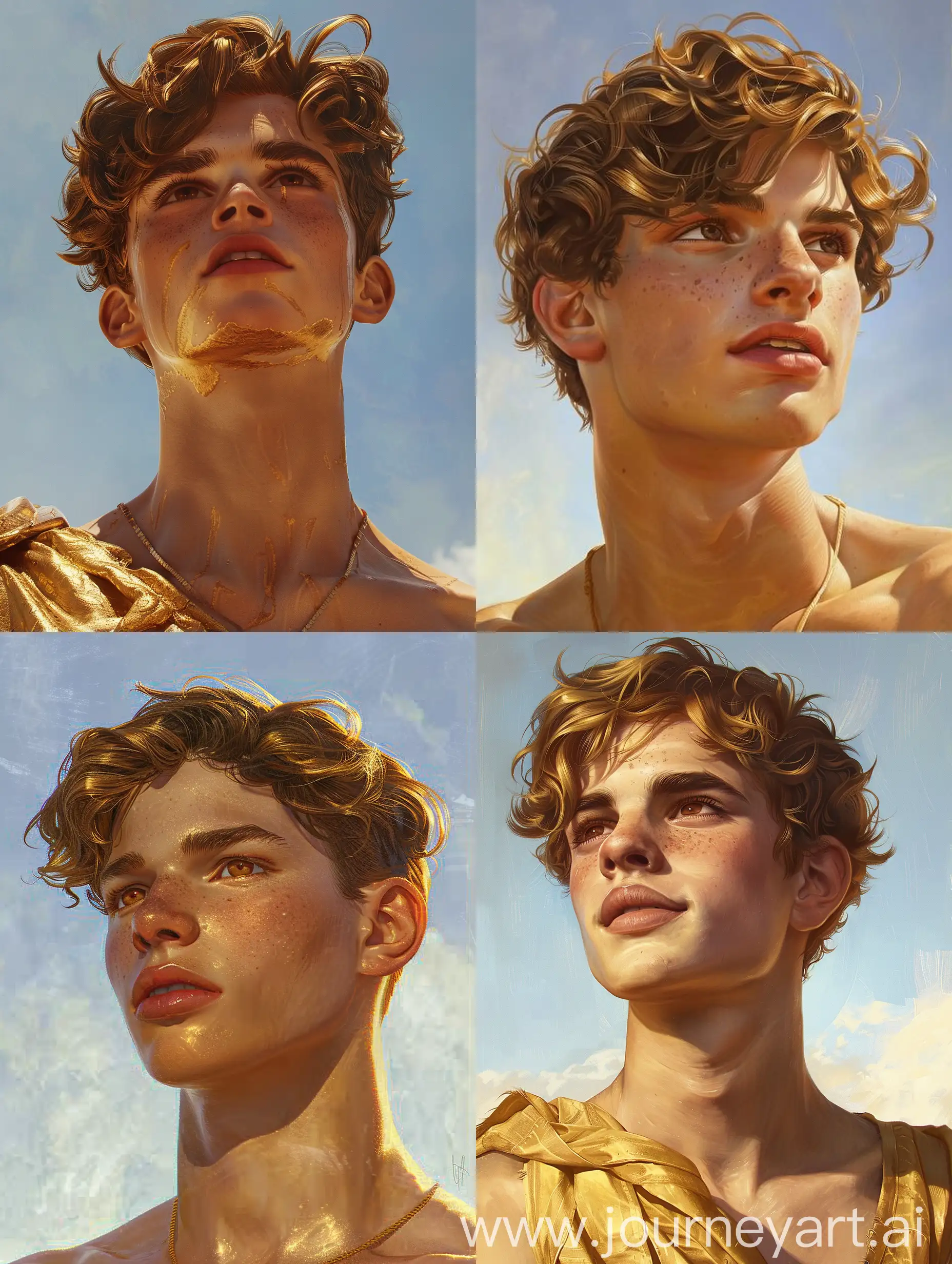Subject: a young demigod that appears more god than mortal. Bronze golden brown skin, golden brown hair, brown eyes, youthful and muscular and lean and very handsome. 

Background: the open sky. 

Color and style and detail: most beautiful artwork in the world, professional majestic oil painting by Ed Blinkey, Atey Ghailan, Studio Ghibli, by Jeremy Mann, Greg Manchess, Antonio Moro, trending on ArtStation, trending on CGSociety, Intricate, High Detail, Sharp focus, dramatic,
photorealistic painting