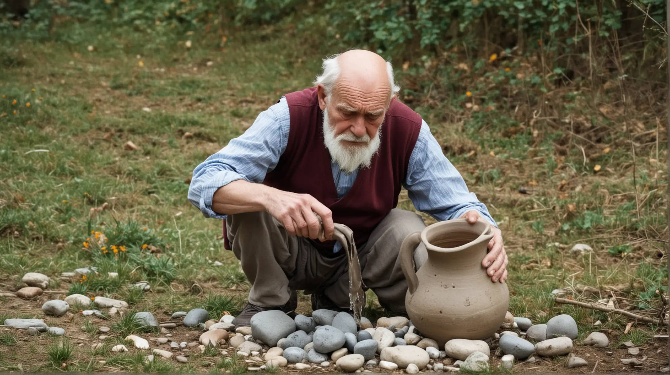 Мудрый старец наполняет кувшин большими камнями
