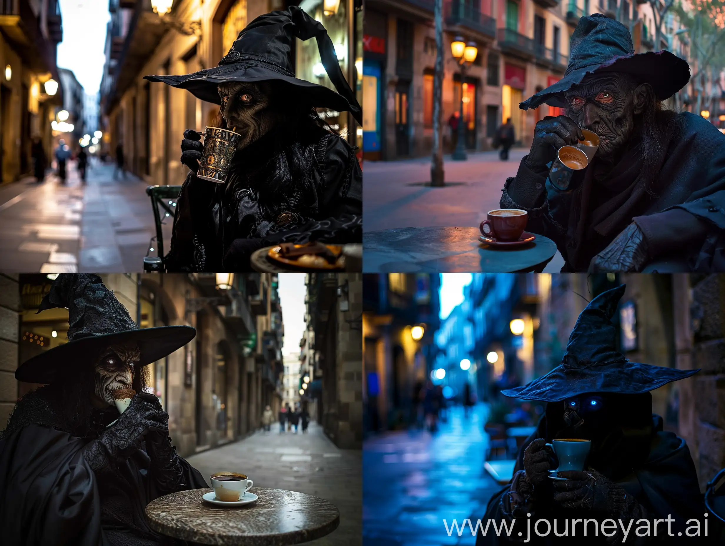 A dark warlock is drinking coffee in Barcelona at dawn in a street cafeteria, beautiful eyes, a detailed background, wide angle, prize-winning photo