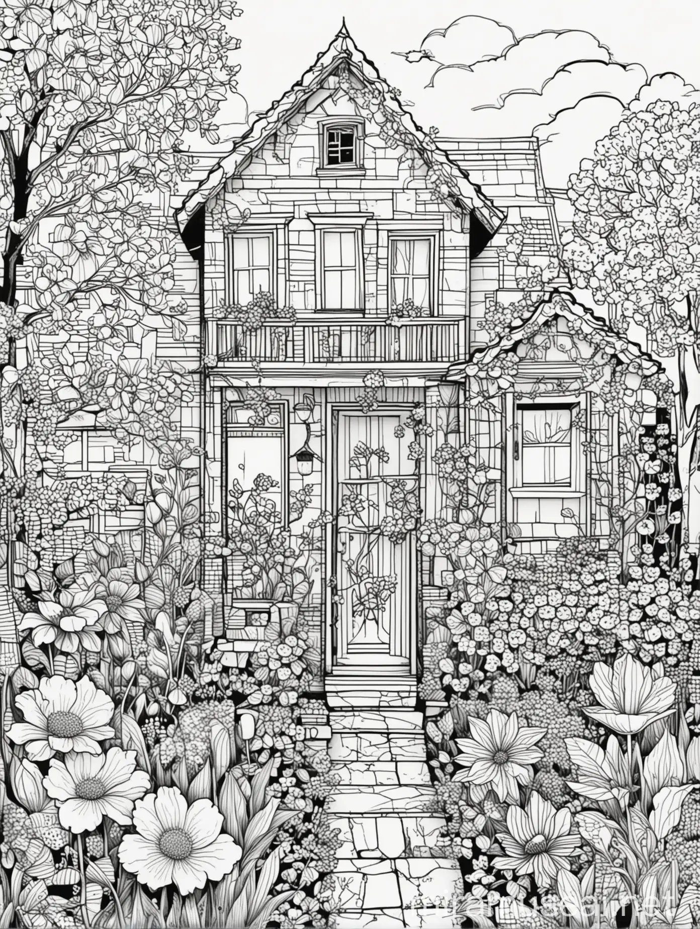 Spring coloring page, white and black, thick lines, lines art, flowers, house