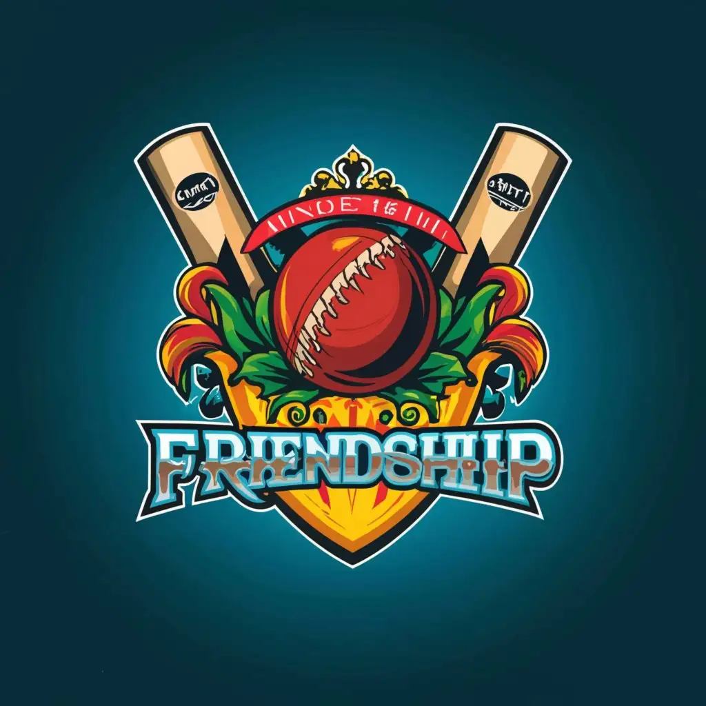 a logo design, with the text 'FRIENDSHIP,' main symbol: Design a dynamic and colorful logo for a cricket team named 'Friendship.' The logo should prominently feature a detailed and realistic cricket ball at the center, surrounded by dynamic graphics that evoke energy and excitement. Use a vibrant color palette with shades of red, blue, green, and yellow to create a visually appealing and lively design. Incorporate subtle elements like cricket stumps or a bat to enhance the cricket theme further, Minimalistic, clear background