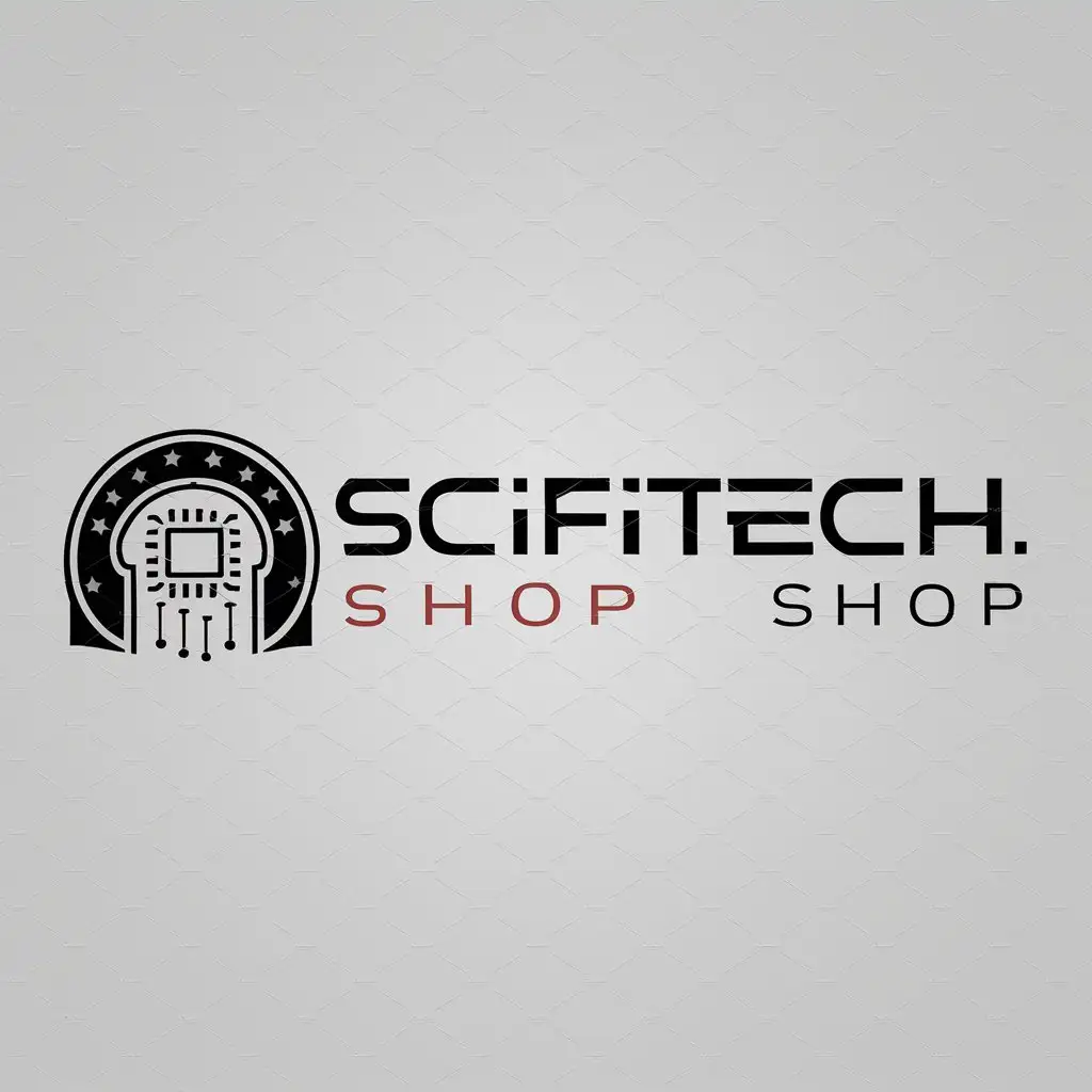a logo design,with the text "SciFiTech.shop", main symbol:stargate and a microchip,Moderate,be used in Technology industry,clear background