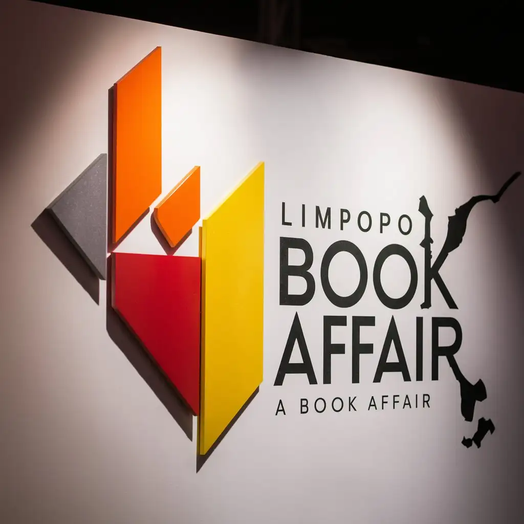 logo for 'Limpopo Book Fair' with 'A Book Affair' tagline, geometric shape indicating Limpopo aside, shapes creatively arranged, orange, red, yellow, and grey. white background