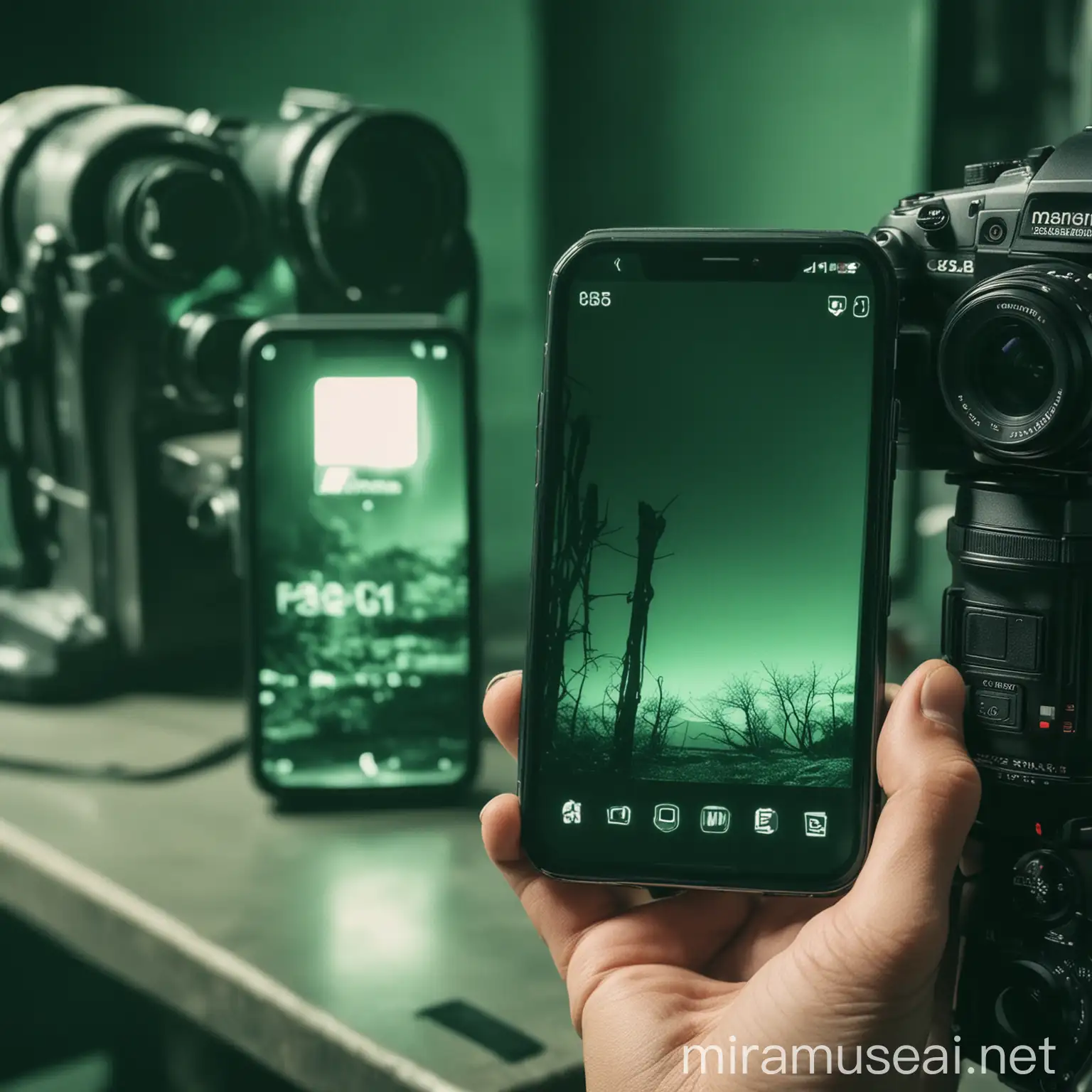 crea una imagen de un telefono celular al lado de una cámara profesional con un tinte verde intenso
