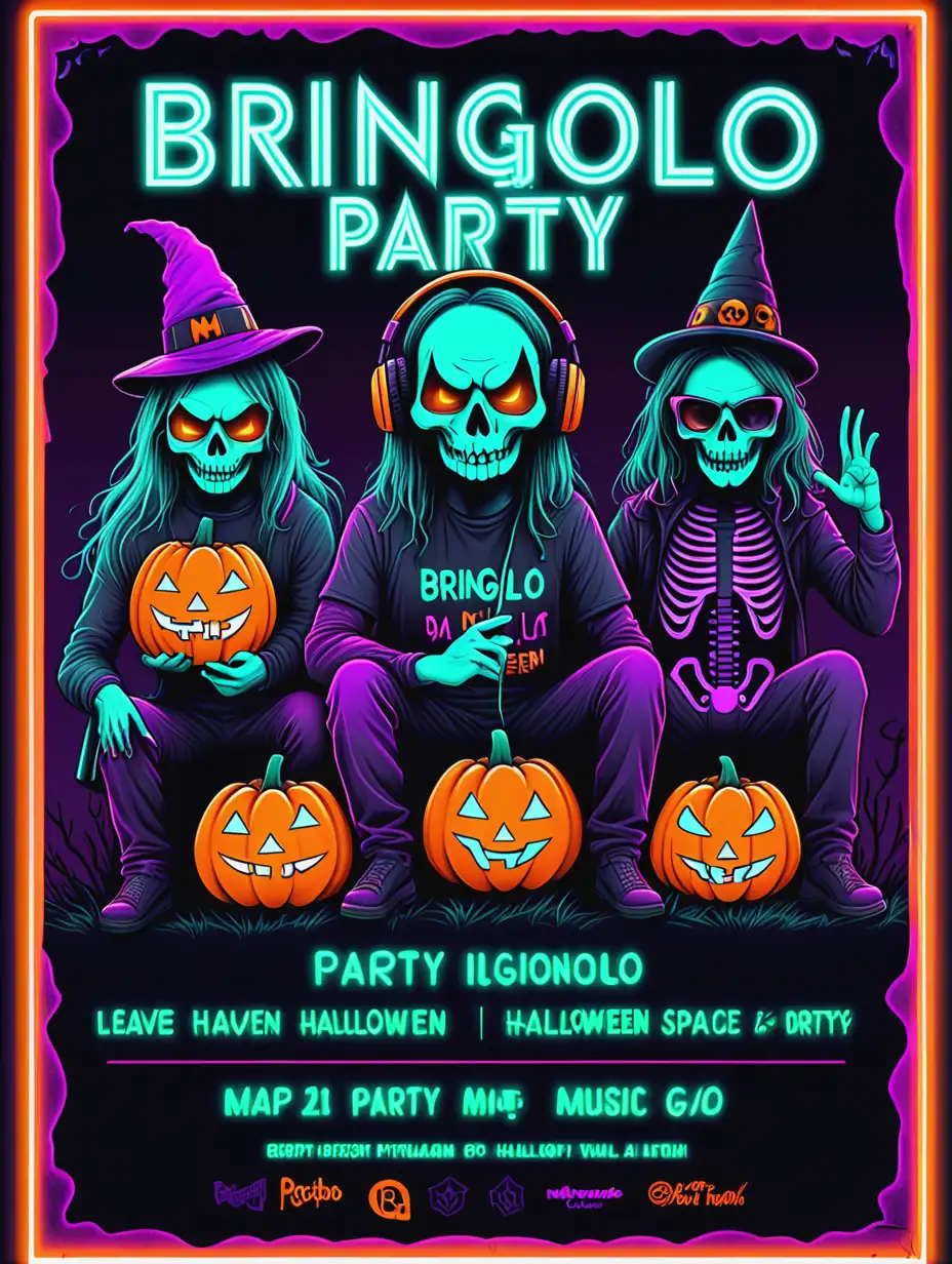 a funny poster for music festival named : BRINGOLO PARTY, in neon halloween theme.
leave space at the bottom of the poster for the groups names