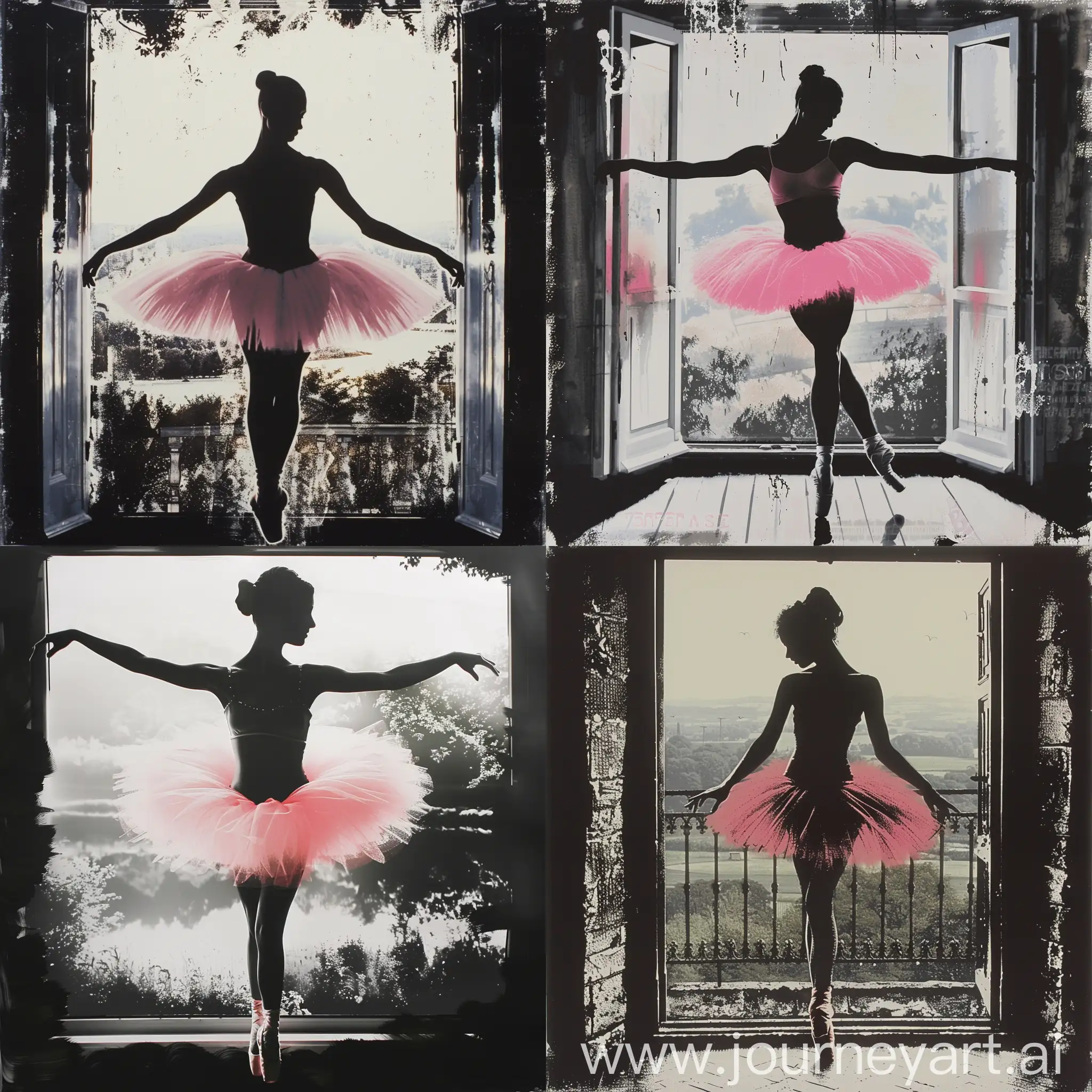 he ballerina is immersed in an elegant and delicate posture, with her arms extended to the sides and her head slightly tilted downwards. Her silhouette gracefully contrasts against the illuminated background, creating a notable contrast between the softness of her costume and the depth of the surrounding shadows.

The pink tutu and slippers subtly stand out amidst the black and white palette, adding a touch of soft, feminine color to the composition. The ballerina appears to be immersed in a moment of concentration and grace, capturing the ethereal beauty and timeless elegance of the art of dance.

Through the window, an exterior landscape is glimpsed, suggested by the light filtering through and creating a gentle glow in the surrounding space. The combination of the ballerina's figure and the outdoor scenery evokes a sense of serenity and connection with the world around her."

