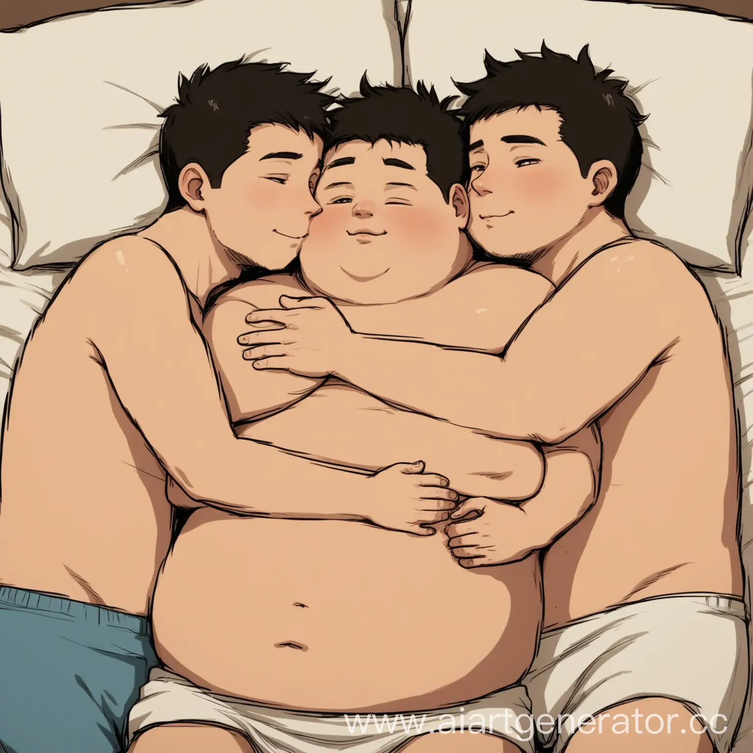 Три парня, один толстый, второй подкаченный и третий длинный в одной кровати лежат вместе и обнимаются