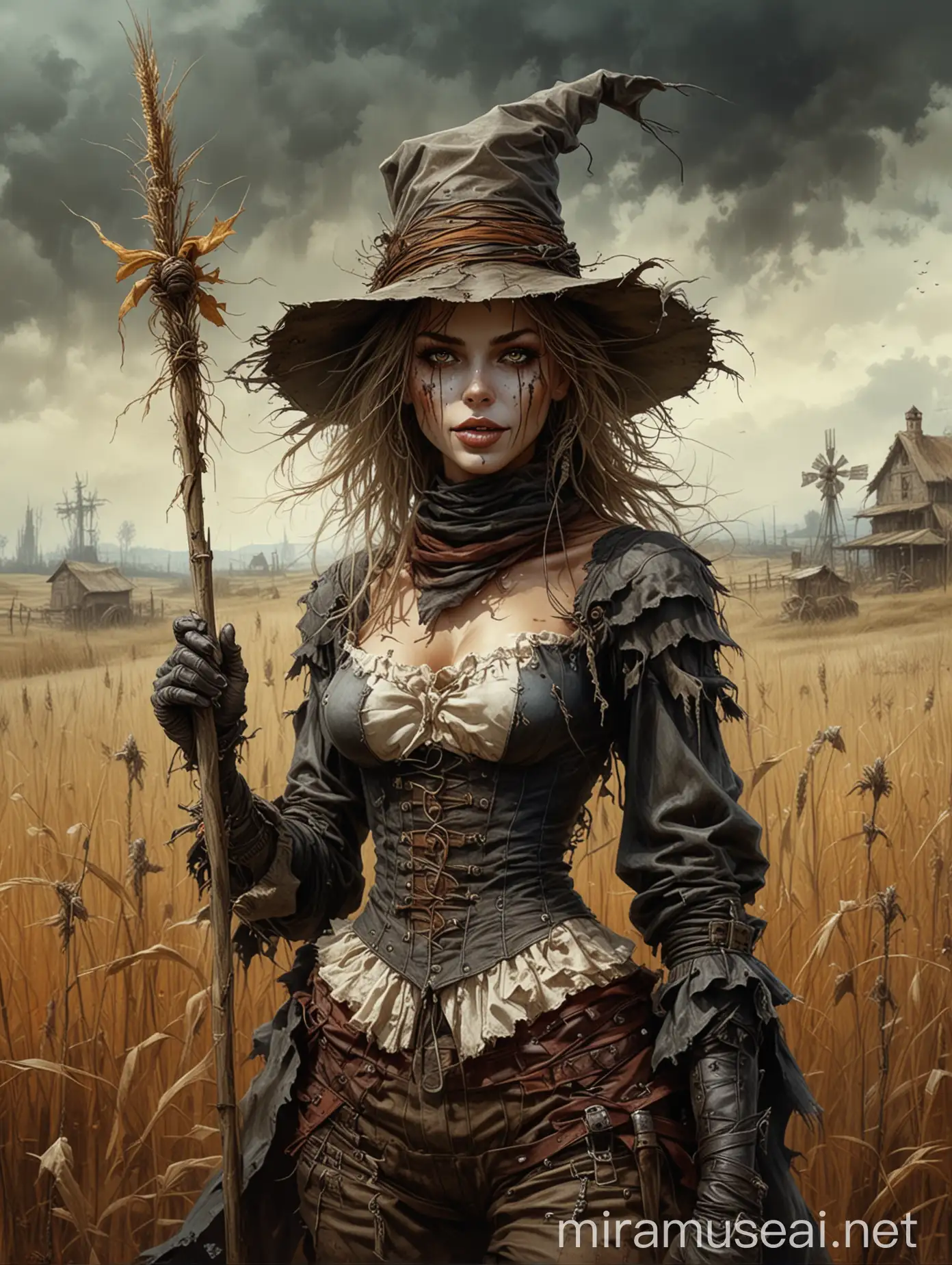 Beautiful female scarecrow in the field, Grzegorz Rosiński, Luis Royo, detailed background, dark fantasy, colorful comic book illustration, masterpiece