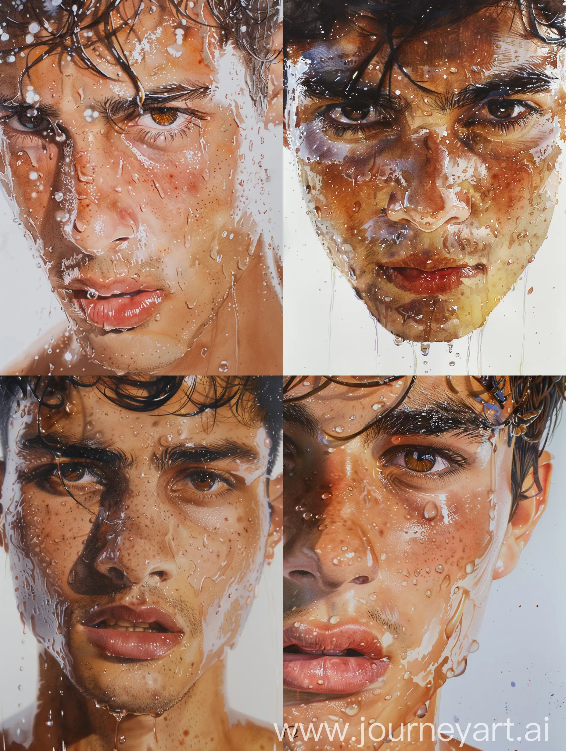 Watercolor technique on a white background, close-up of a very beautiful face of a 16-year-old Iranian young man with very detailed details, wet face -