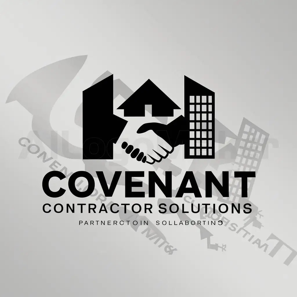 a logo design,with the text "Covenant contractor Solutions", main symbol:Handshake with house and buildings behind,Moderate,be used in Construction industry,clear background