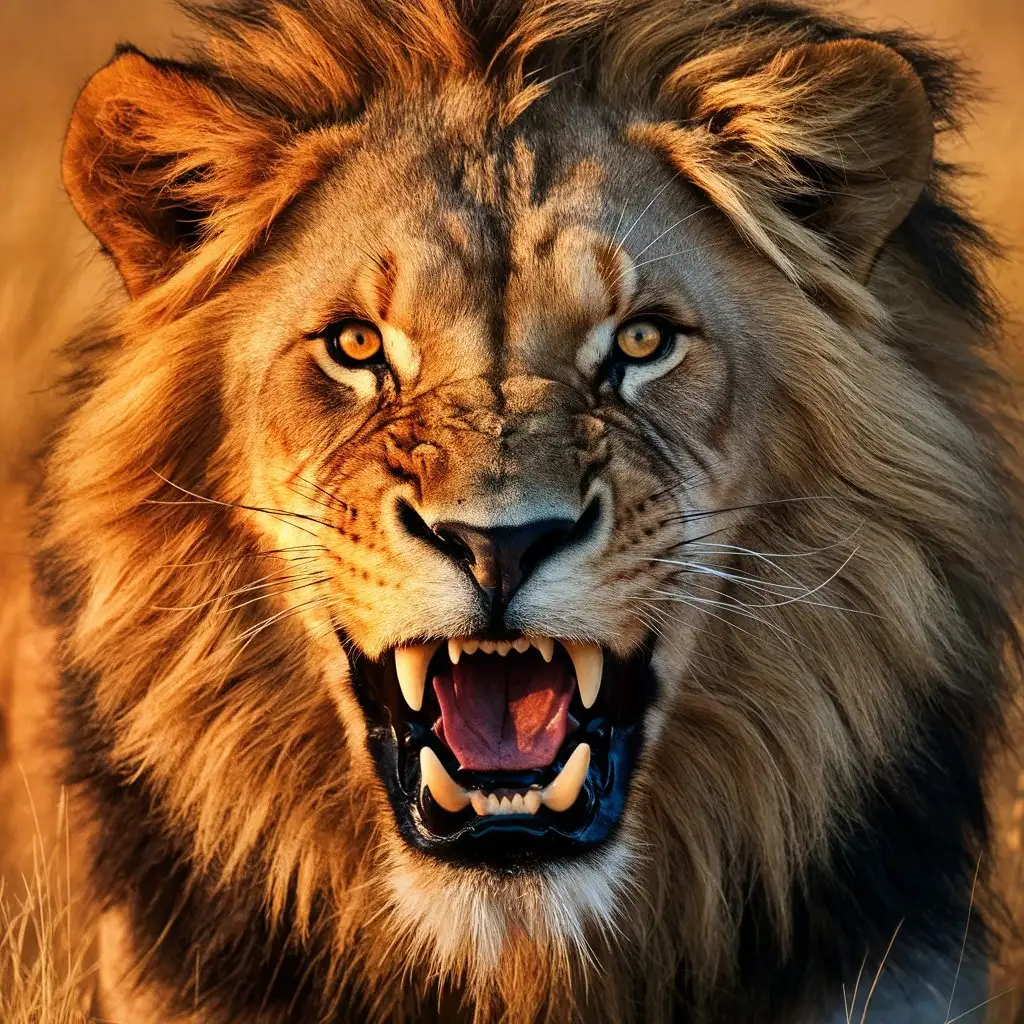  A close-up of a lion roaring, showcasing its powerful teeth and mane.