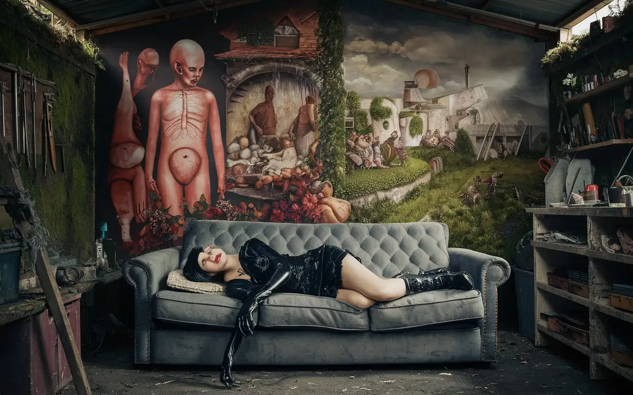 goth 20 year old. she lies in sleeping bag on old couch. The couch is in front of a wall mural, the themes of the mural are body horror, peasantry, civilization. The room is an old shed filled with shelves and tools and art supplies. Grungy colours, with moss and flowers growing along the wall.