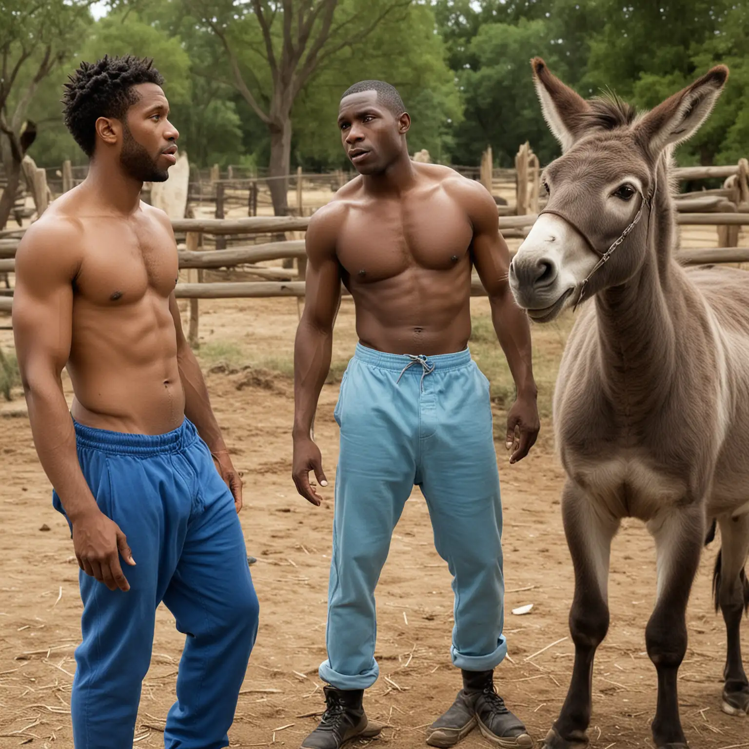 shirtless black men blue pants talking to donkey