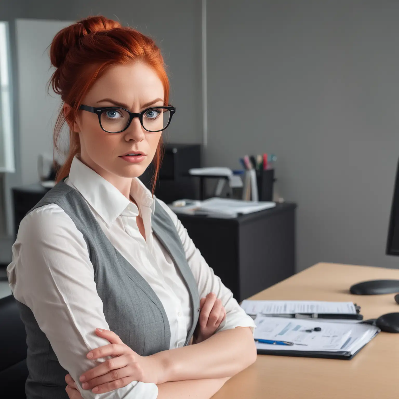 A business woman with red hair, blue eyes wearing glasses is standing in front of her desk in a professional office.  She is staring right at me with a very stern look, like I am about to be spanked.