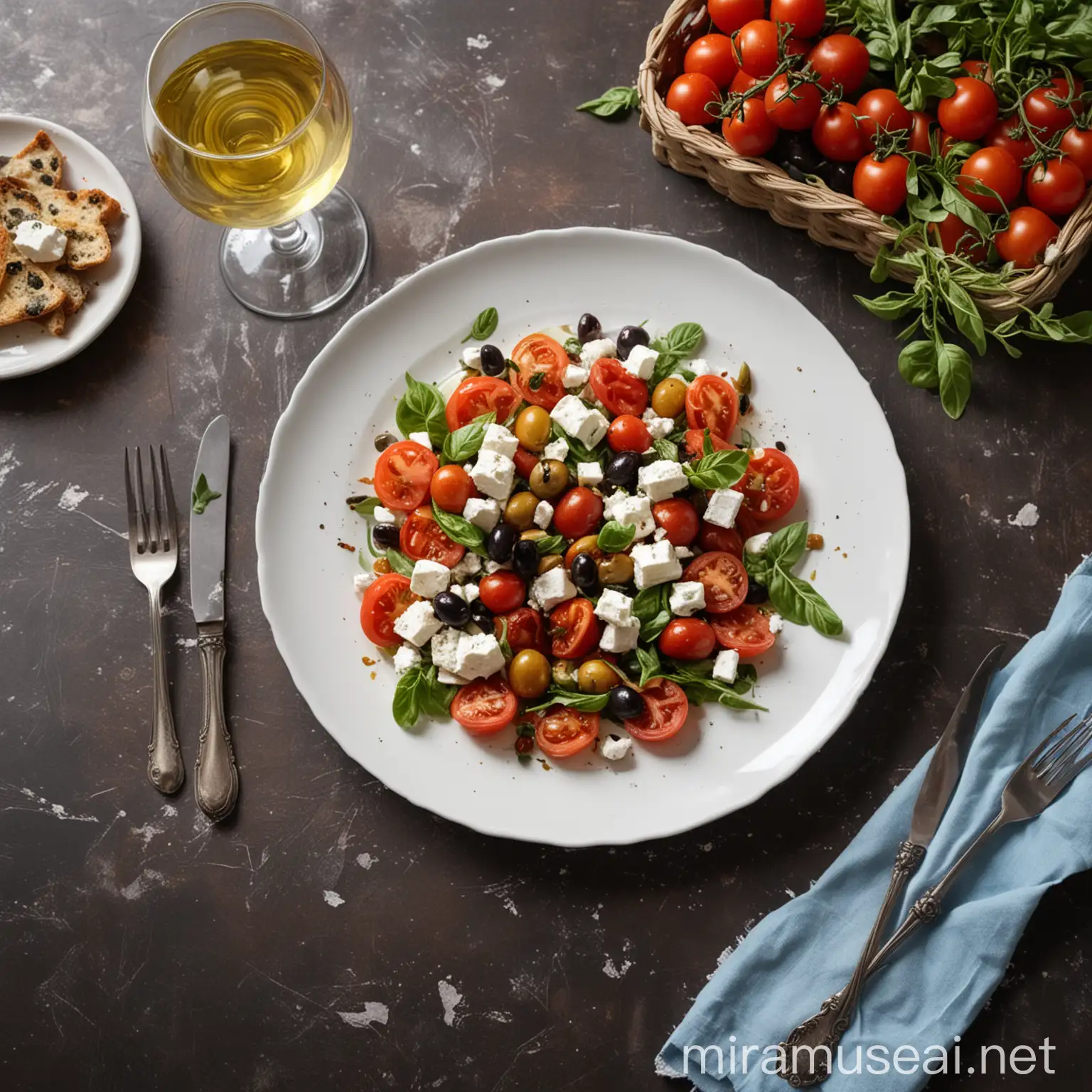Mediterranean Salad with Feta and Olives Served in Elegant Restaurant Setting