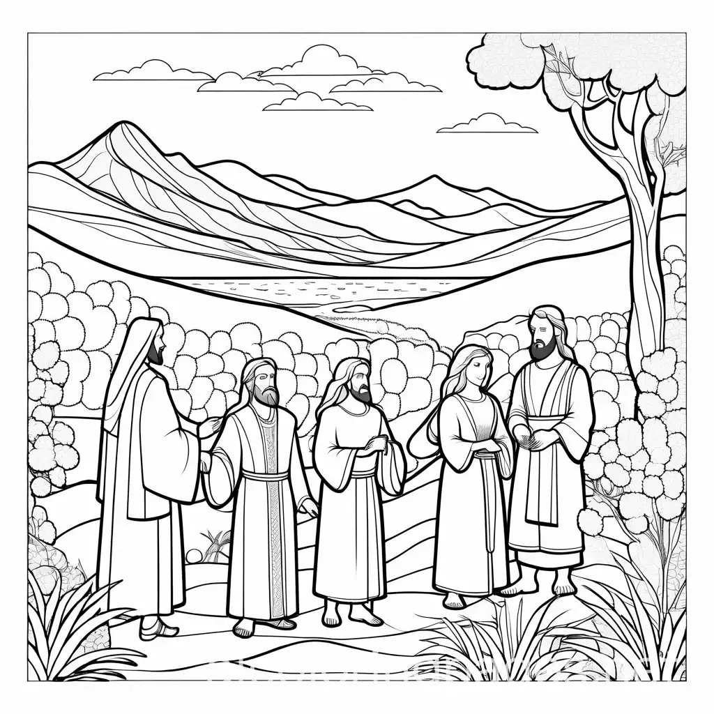 Age 2-6 bible story coloring pages, Coloring Page, black and white, line art, white background, Simplicity, Ample White Space. The background of the coloring page is plain white to make it easy for young children to color within the lines. The outlines of all the subjects are easy to distinguish, making it simple for kids to color without too much difficulty