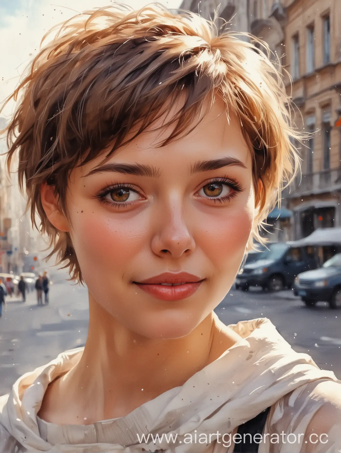 Transparent watercolor, incredibly beautiful Russian girl, short hair, breeze, against the background of a noisy city, close-up, brown eyes, barely noticeable smile.