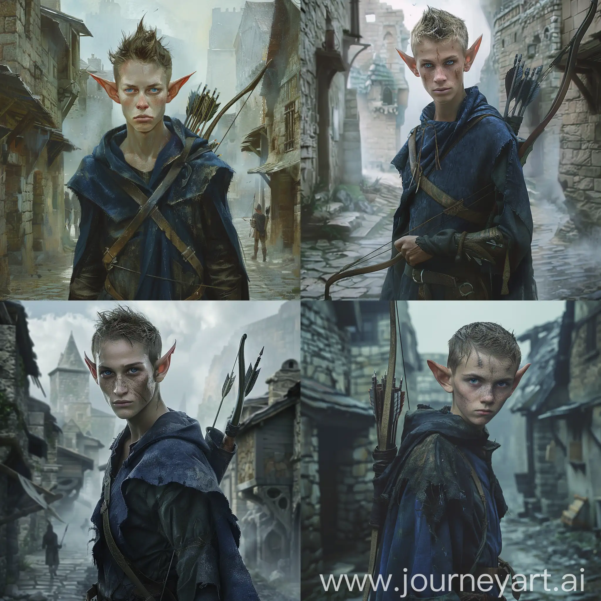 A young thin elf with pointed ears, thin cheeks and sharp cheekbones, natural blue eyes. He is dressed in a dark blue, almost black, worn dusty cloak, with a bow and a quiver of arrows on his back. An elf stands in the middle of a medieval stone town. He looks wary, he's on guard. The weather is cloudy, it's a little foggy outside.
