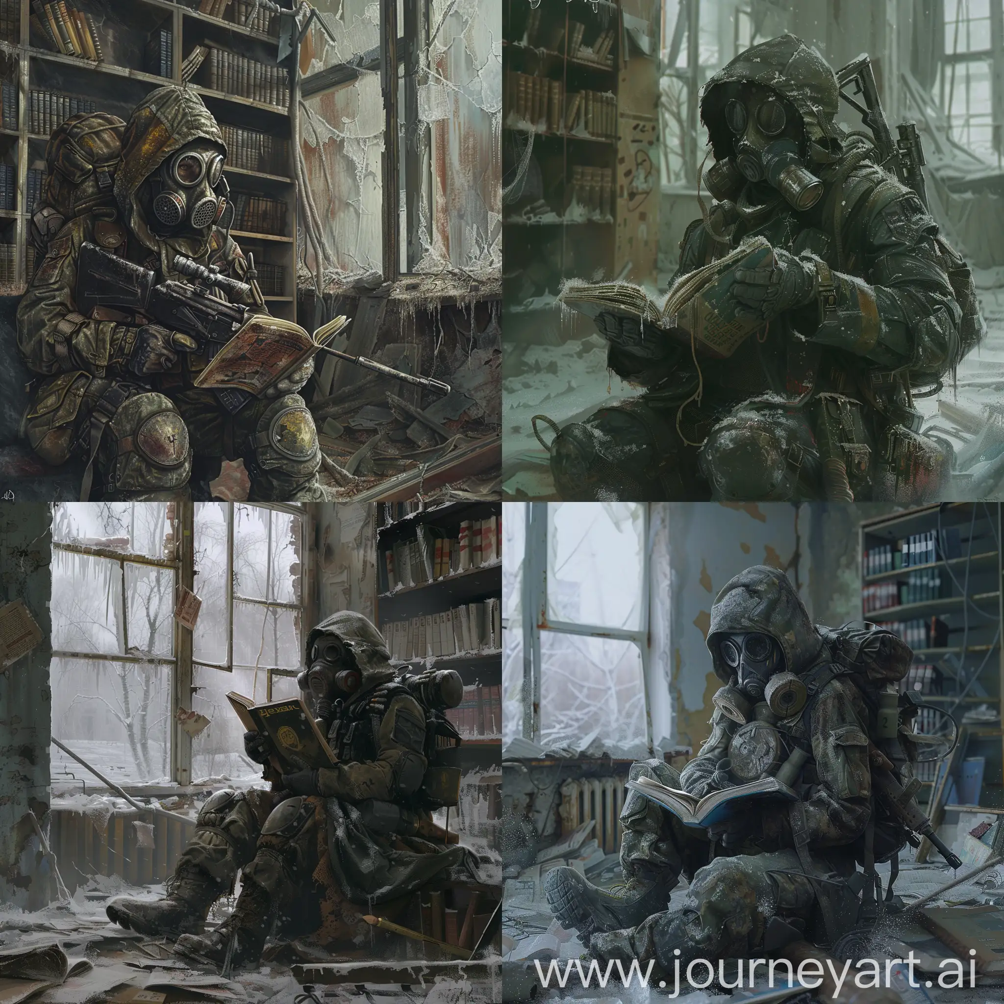 Stalker-in-Gas-Mask-with-Sniper-Rifle-at-Radioactive-Abandoned-Library