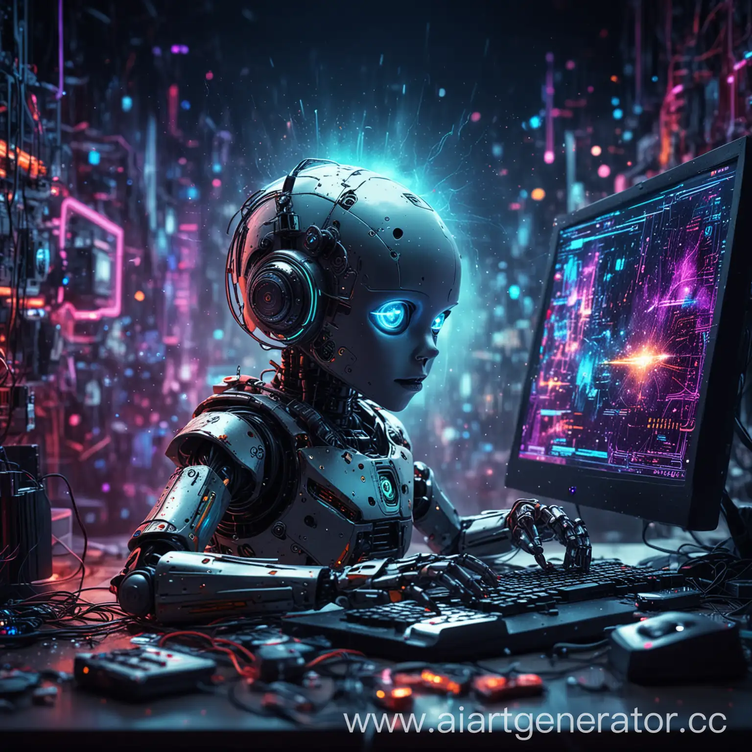 Cyberpunk-Robot-Working-at-Computer-with-Cosmic-Chaos-Background